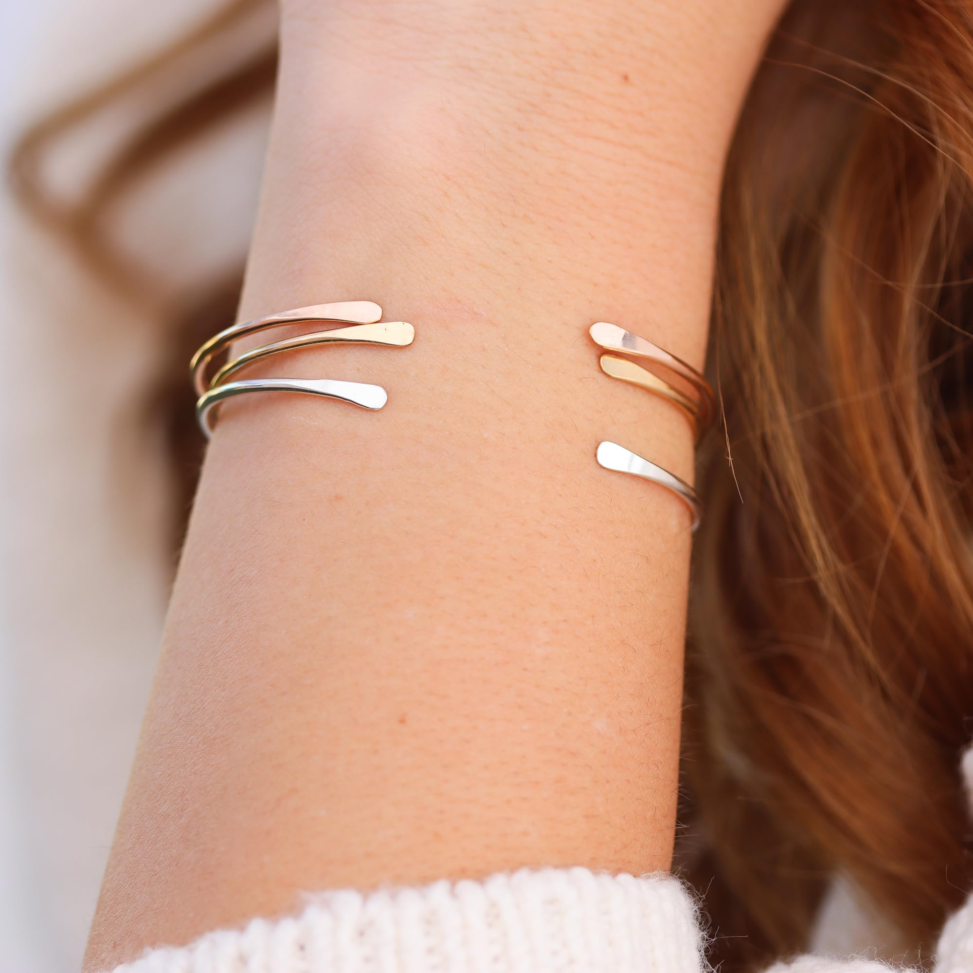 14K Rose Gold Filled Hammered Cuff Bracelet - Skinny Bangle for Women - Lotus Stone Jewelry - Medium Size - Perfect for Everyday Wear, Office & Special Occasions