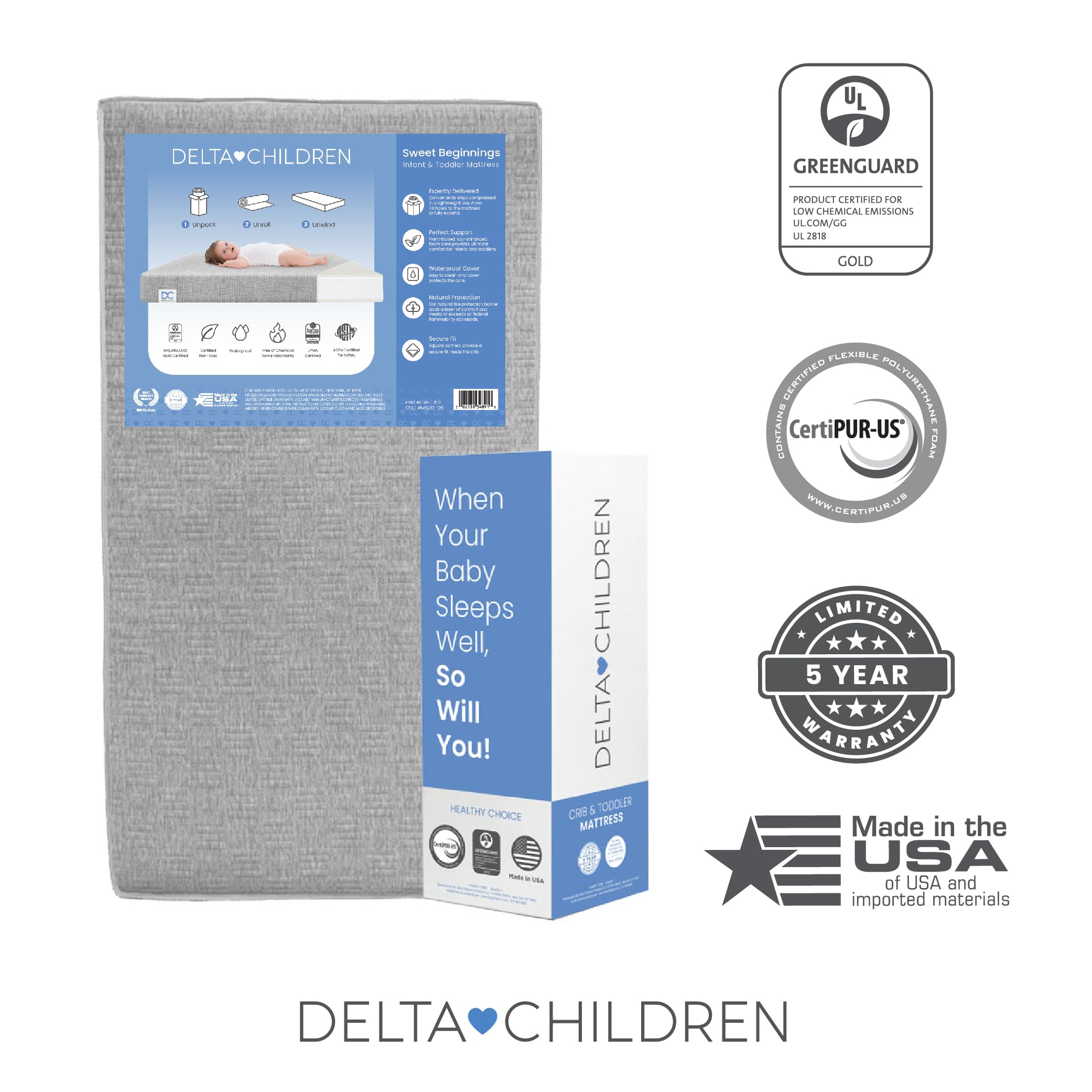 Delta Children Sweet Beginnings Dual Sided Crib & Toddler Mattress - GREENGUARD Gold & CertiPUR-US Certified - Plant-Based Soy Foam Core - Waterproof Cover - 5 Year Warranty - Made in USA - Perfect for Nursery & Toddler Bed Transition