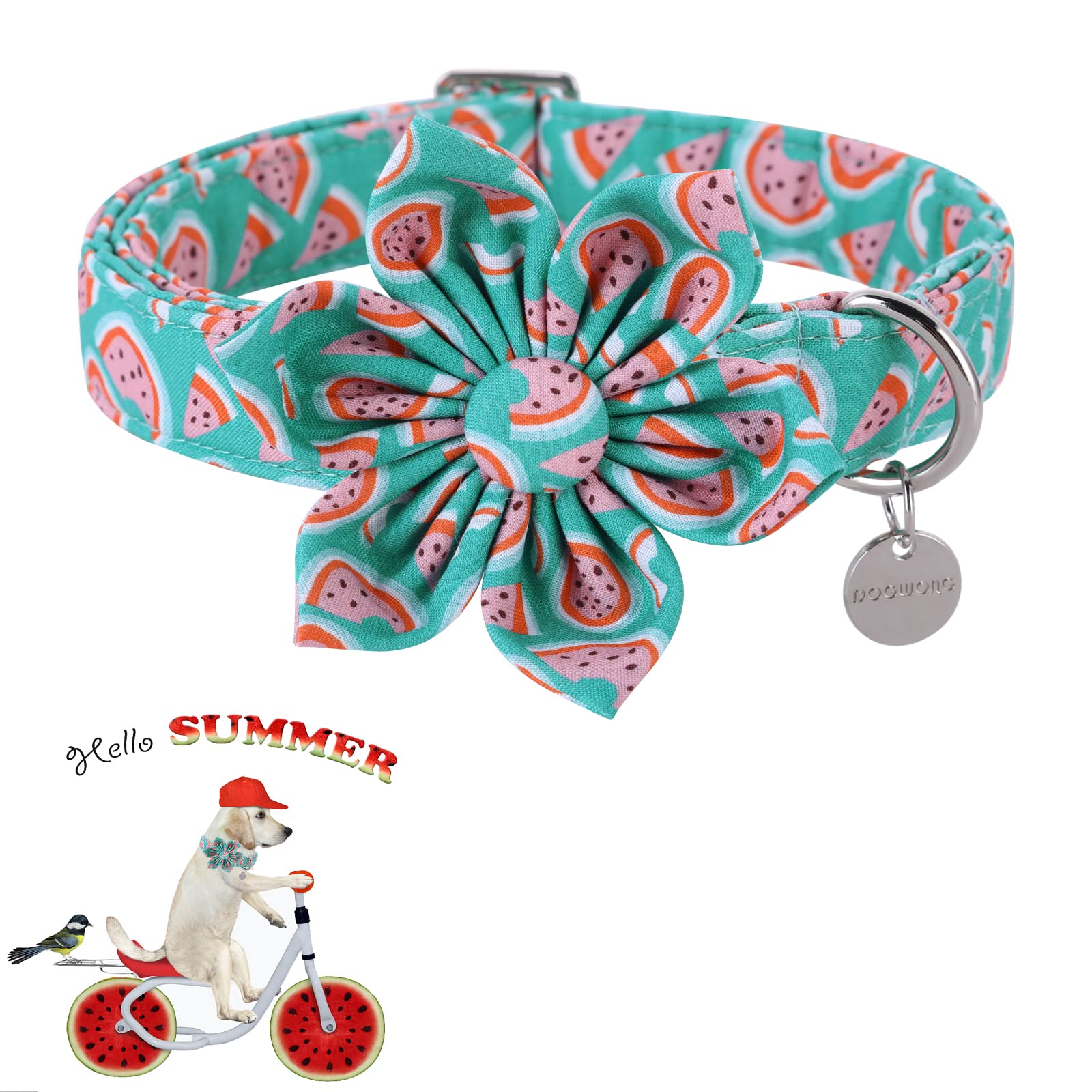 DOGWONG Summer Watermelon Dog Collar with Bowtie - Green Fruit Pattern Adjustable Pet Collar for Small Medium Large Dogs - Perfect for Summer Outings, Beach Trips & Pet Photoshoots