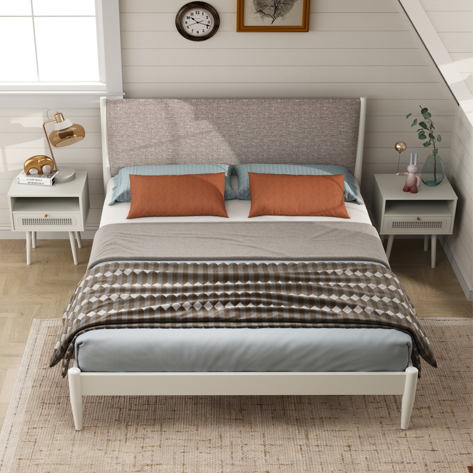Roundhill Furniture Feeney 3-Piece Queen Bedroom Set - Platform Bed with 2 Nightstands in Cream White | Modern Bedroom Decor for Small Spaces & Guest Rooms