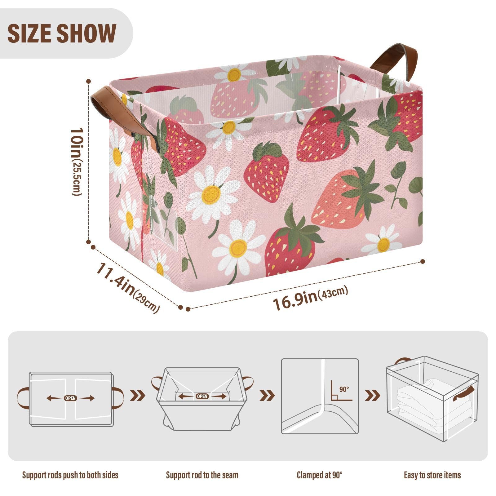 Foldable Storage Bins with Handles - 2 Pack Strawberry Flower Pattern Shelves & Cubes Baskets (16.9