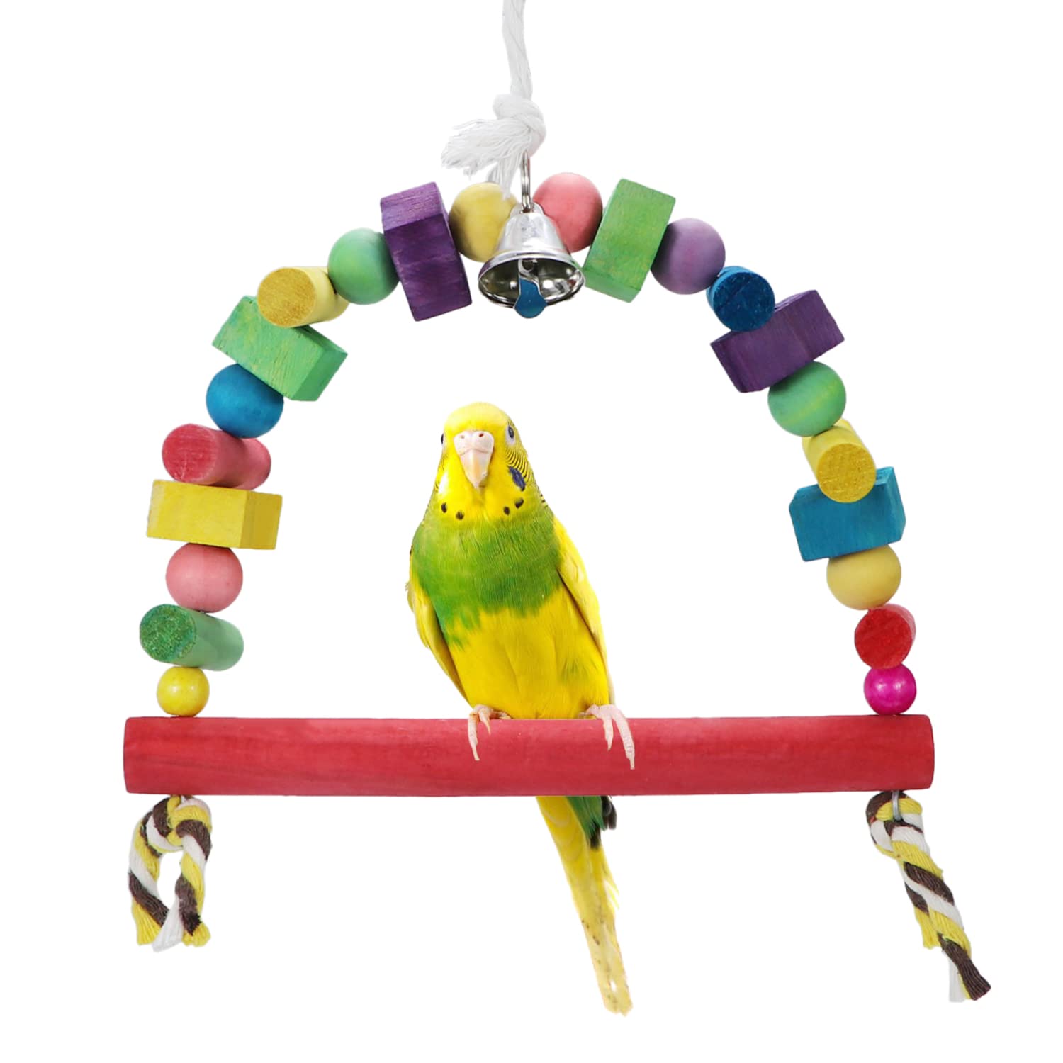 Natural Wooden Bird Swing Toy with Rainbow Bridge & Hanging Bells - Safe Chewable Knots for Parrots, Budgies, Lovebirds, Conures, Cockatoos - Perfect for Cage Enrichment & Playtime Stimulation