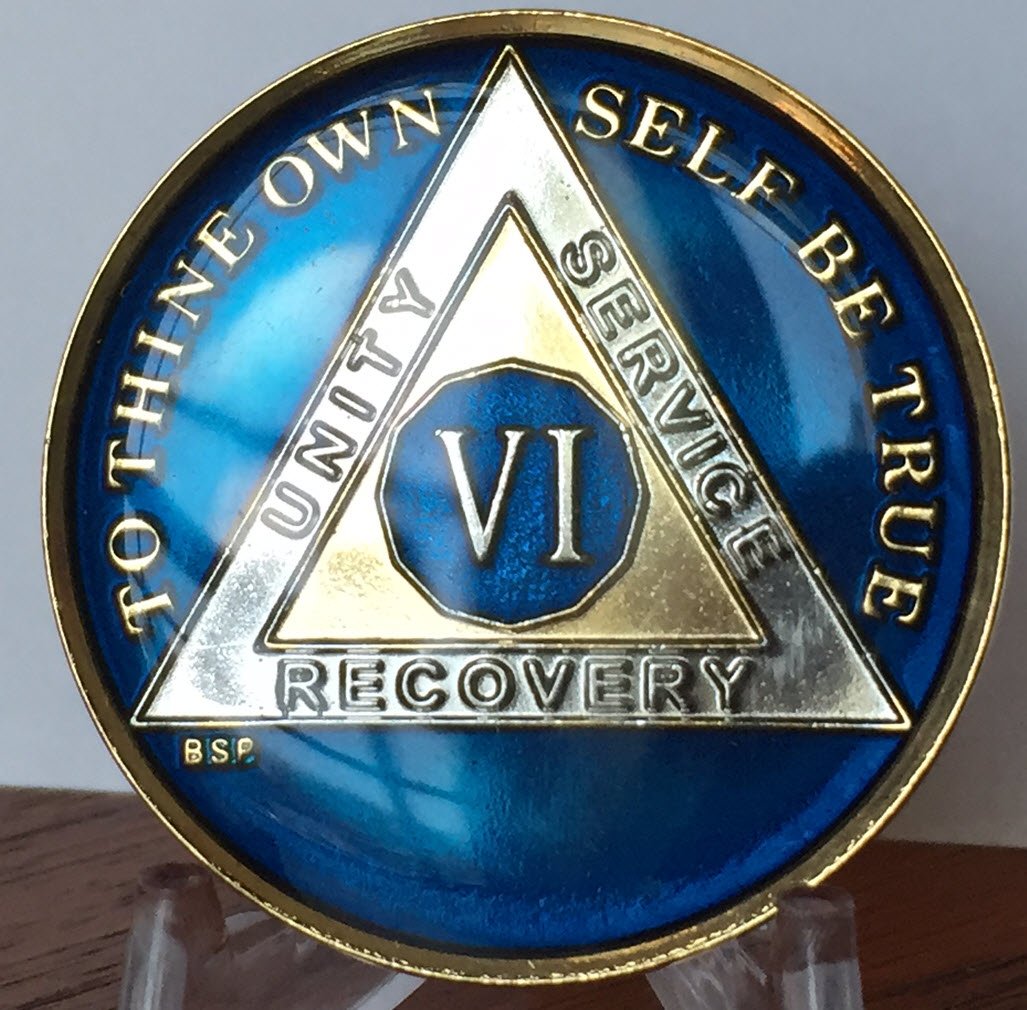 6 Year Midnight Blue AA Medallion Chip Tri Plate Gold & Nickel Plated Serenity Prayer - Perfect for Recovery Gifts, Sobriety Tokens & 12-Step Program Support