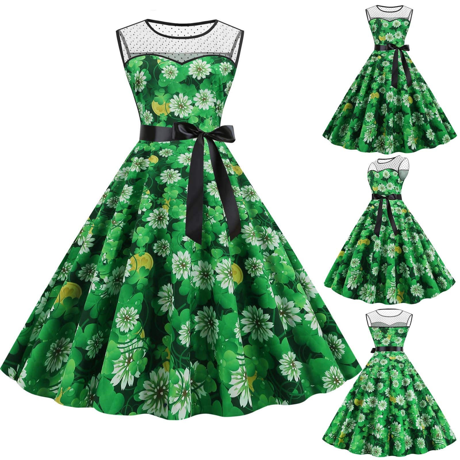 St. Patrick's Day Women's Dress - Lucky Green Shamrock Print Vintage 50s Cocktail Party Swing Dress with Belt | Perfect for Prom, Evening Parties & Irish Themed Events