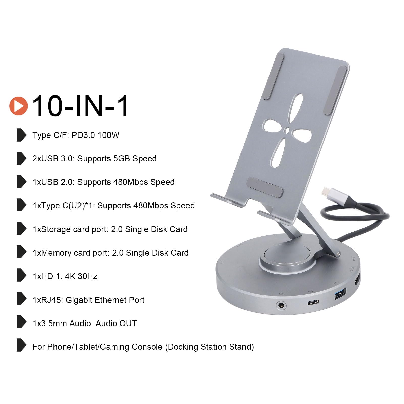 10-in-1 Rotatable USB C Hub Stand with 4K HDMI, 100W PD, USB 3.0, SD Slot & Foldable Phone Holder - 360° Adjustable Laptop Docking Station for MacBook, iPad, Tablet - Perfect for Home Office, Remote Work & Travel