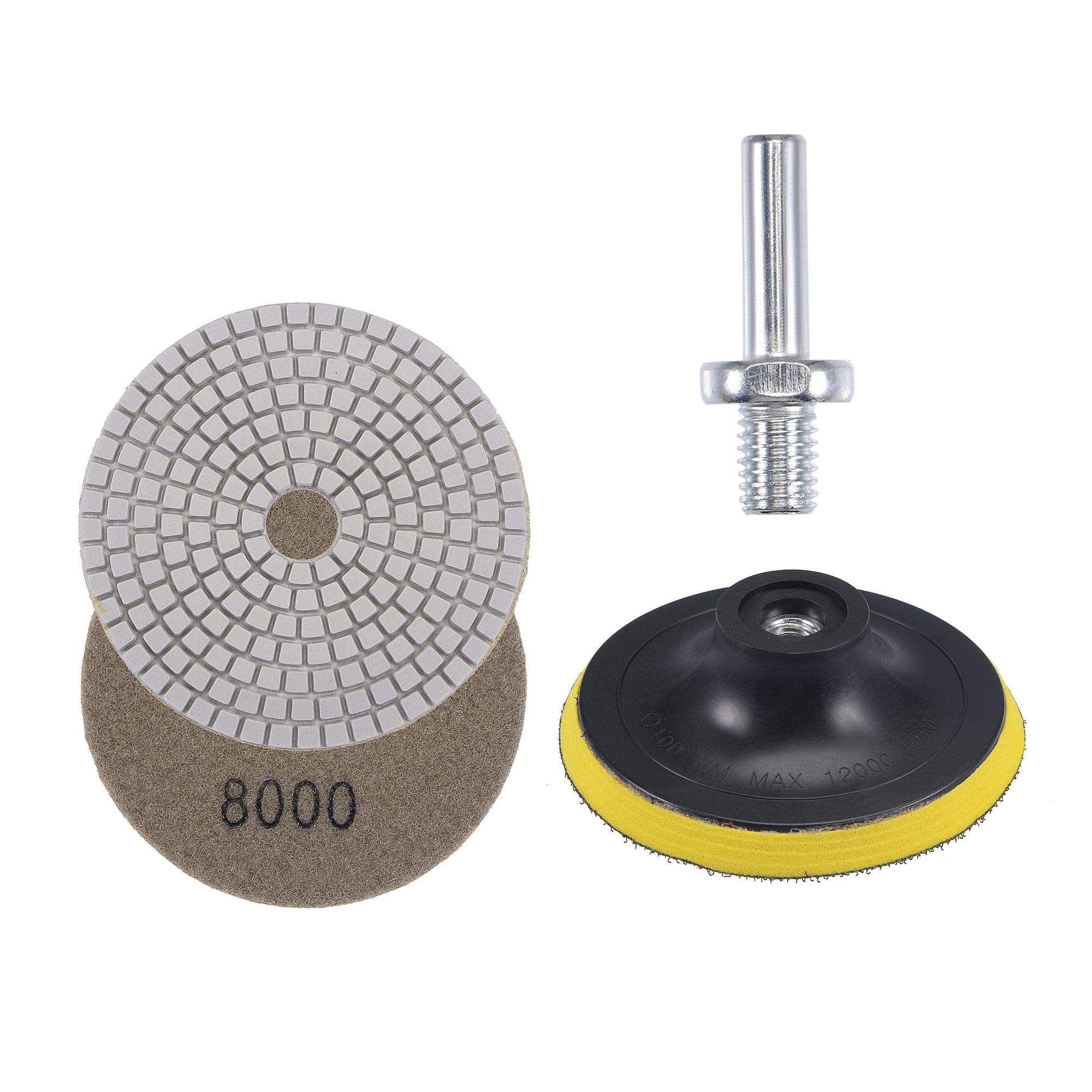 4 Inch 8000 Grit Diamond Wet Polishing Pad Set for Stone, Concrete & Marble - M10 Hook & Loop Backing with Connecting Rod - Perfect for Grinders, Polishers & Professional Stone Restoration Projects
