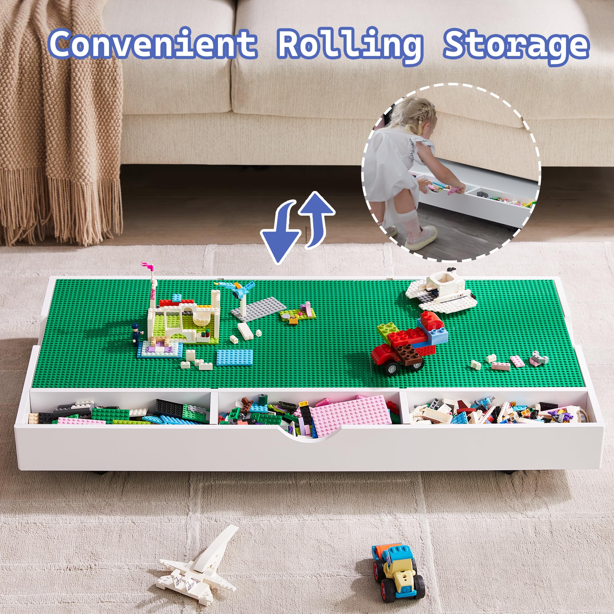 2 in 1 Construction Play Table - Lego Compatible Building Blocks & Train Game Table with Locking Wheels, Storage Space - Kids Activity Center for Bedroom, Playroom or Living Room (White)