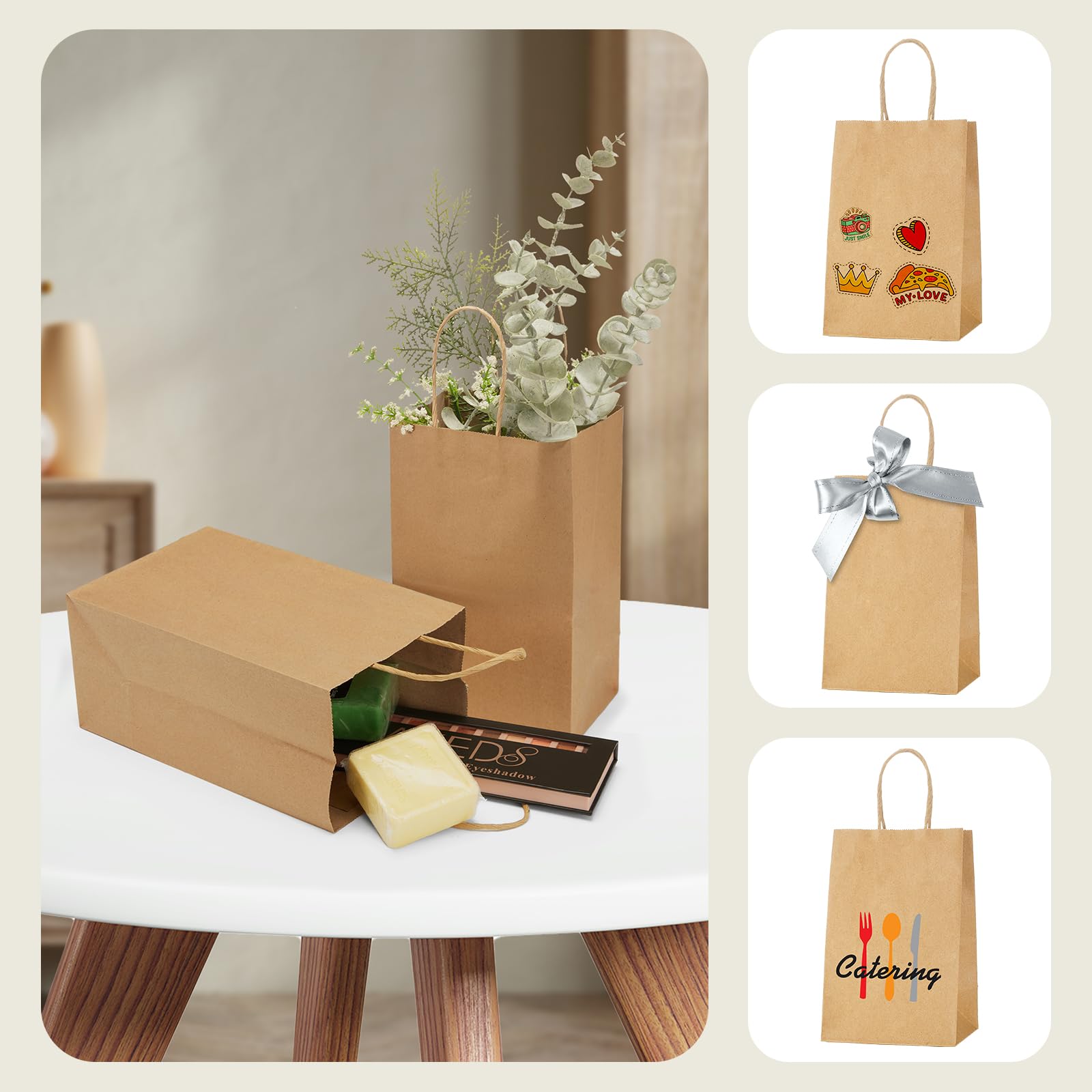 100-Pack MESHA Kraft Paper Gift Bags 5.25x3.75x8 Inches - Eco-Friendly Brown Small Shopping Bags with Handles for Retail, Birthday, Wedding Favors & Party Decor | Bulk Wholesale for Small Businesses
