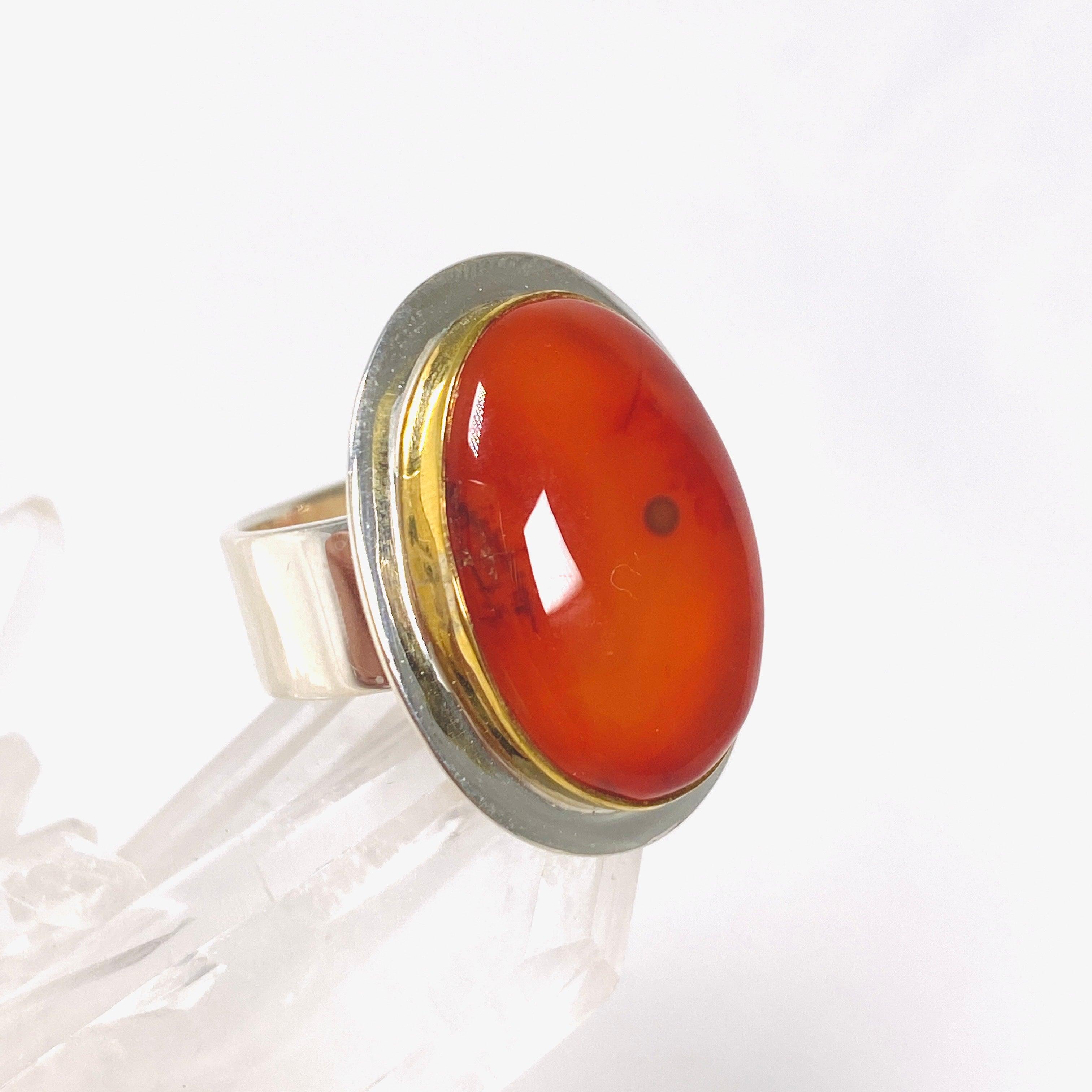 Natural Carnelian Oval Ring with 14K Gold Detailing - Size 7 Women's Fashion Jewelry - Perfect for Wedding, Anniversary & Gift Giving