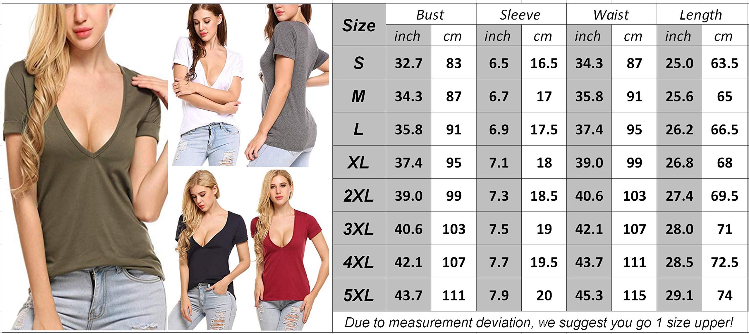 Women's Sexy Summer T-Shirts - Solid Deep V Neck Casual Tee Shirts, Short Sleeve Loose Basic Tank Tops for Beach, Party & Everyday Wear