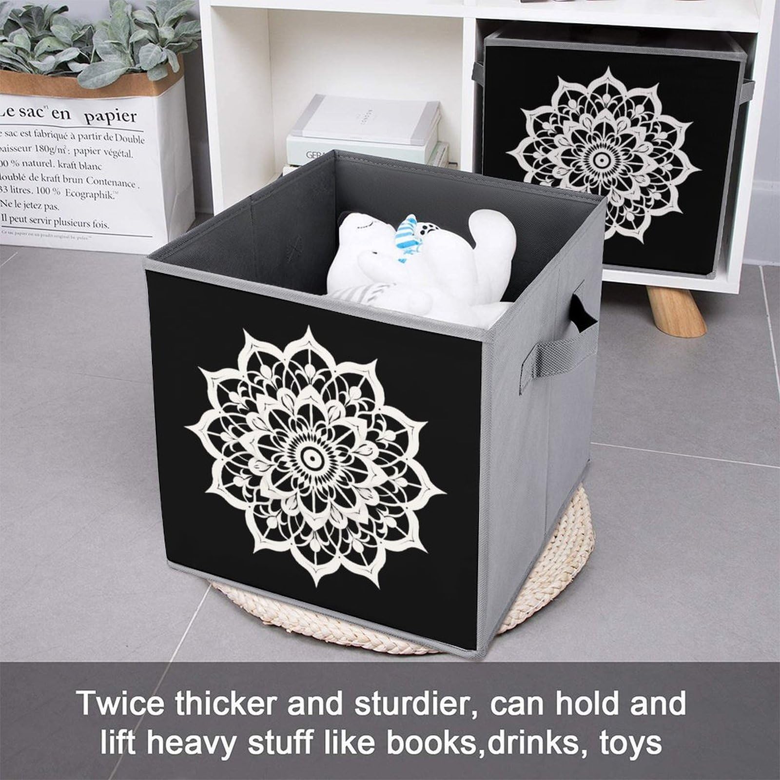 6-Pack Mandala Lotus Flower Foldable Storage Cubes - Square Fabric Bins with Handles for Closet, Nursery, or Office Organization | Space-Saving Home Decor Storage Solution
