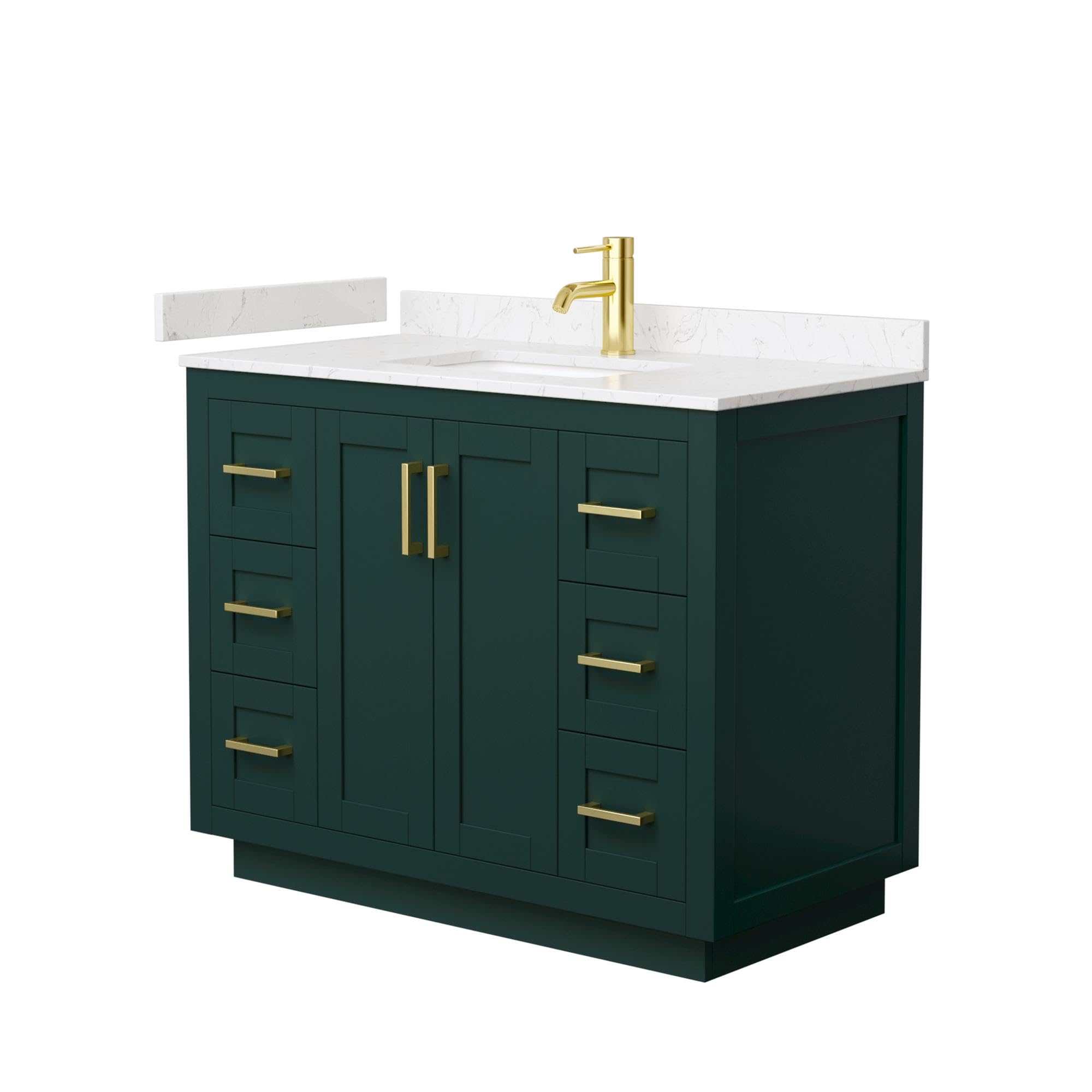 Wyndham Collection Miranda 42 Inch Single Bathroom Vanity in Green with Light-Vein Carrara Cultured Marble Countertop, Undermount Square Sink & Brushed Gold Trim – Perfect for Modern Bathroom Renovations and Small Space Solutions