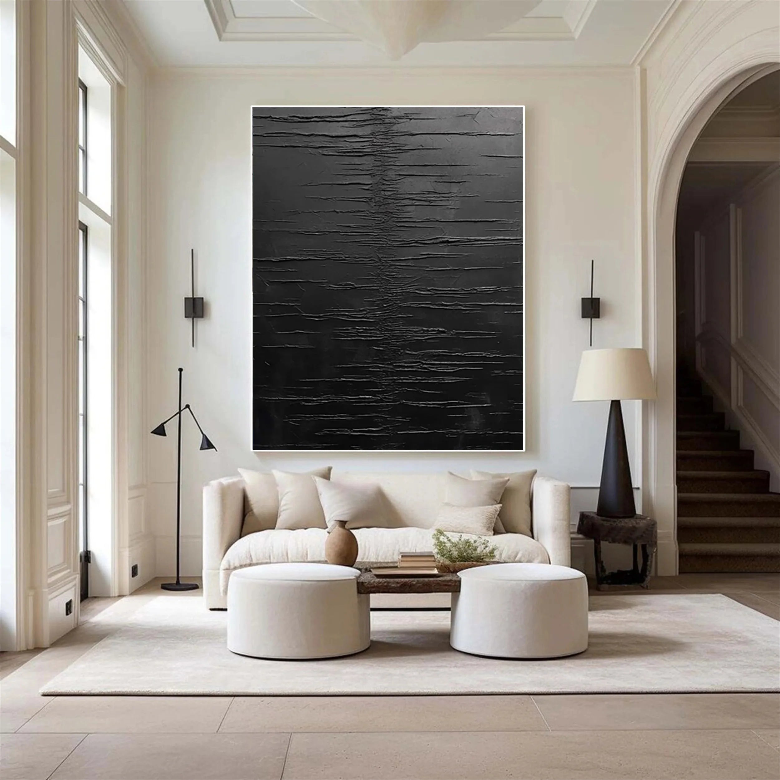 Black Minimalist Textured Painting Canvas - Modern Abstract Wall Art Decor for Living Room, Bedroom & Office - Premium Quality Artist Canvas #MZ079