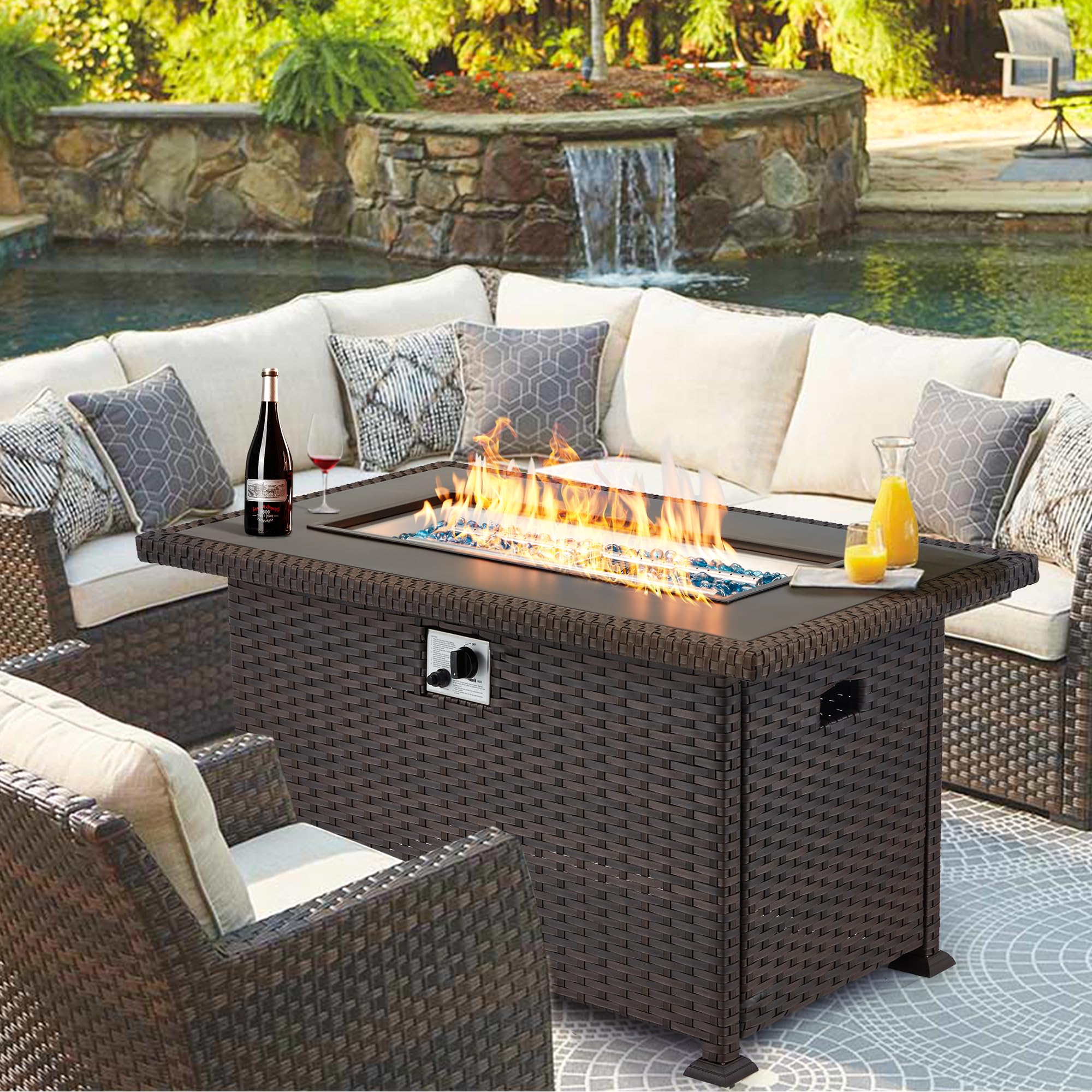 GYUTEI 44-inch Propane Fire Pit Table - 50,000 BTU Outdoor Gas Fire Table with Auto-Ignition & CSA Certification - Brown Patio Heater for Garden, Backyard, Deck (Perfect for Outdoor Entertaining & Cozy Nights)