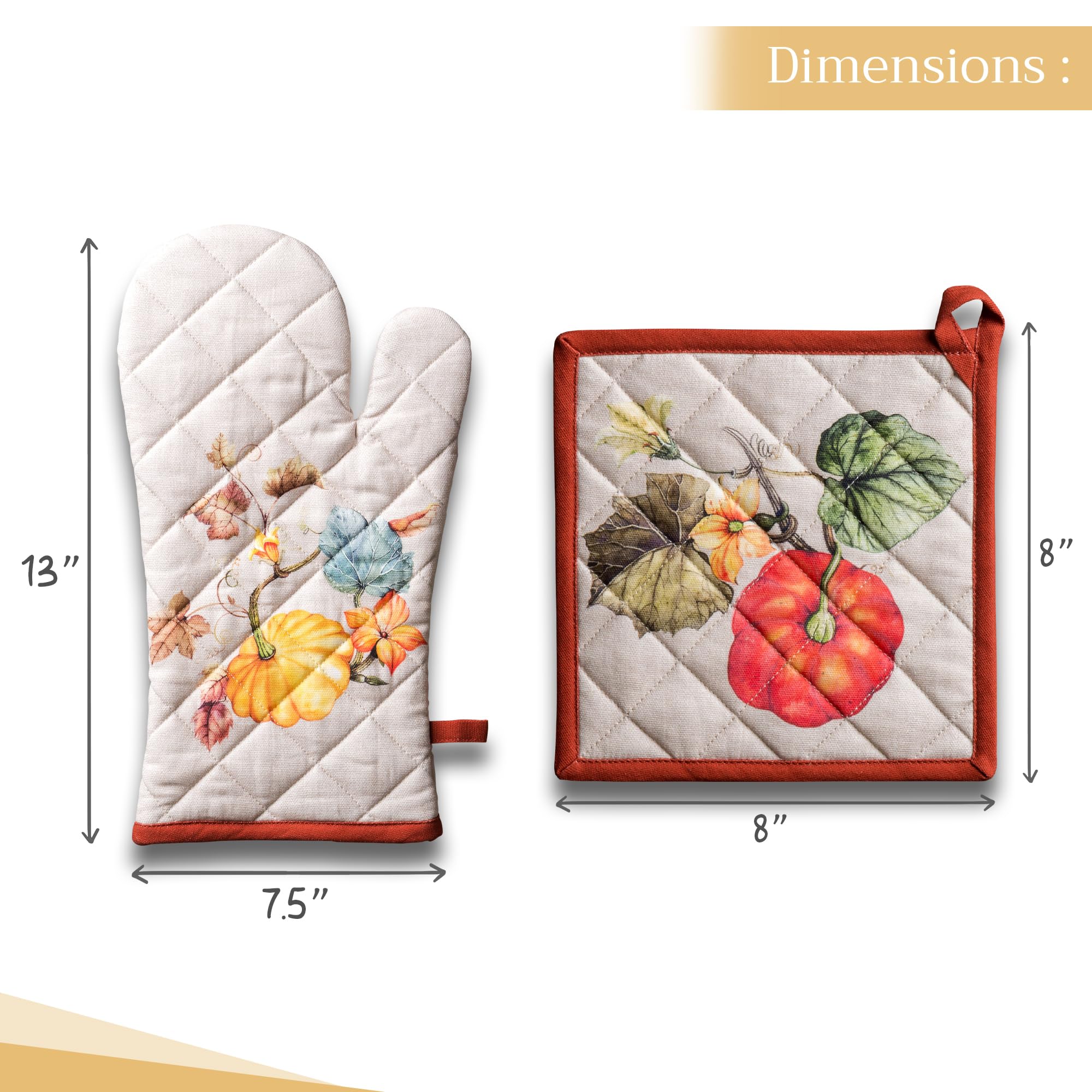 Hermine Cotton Oven Mitt and Pot Holder Set - Heat Resistant Kitchen Gloves for Baking, Cooking, BBQ (7.5x13 & 8x8 Inches) - Soft & Durable Cotton Pot Holders - Perfect for Thanksgiving, Christmas, and Holiday Cooking Gifts