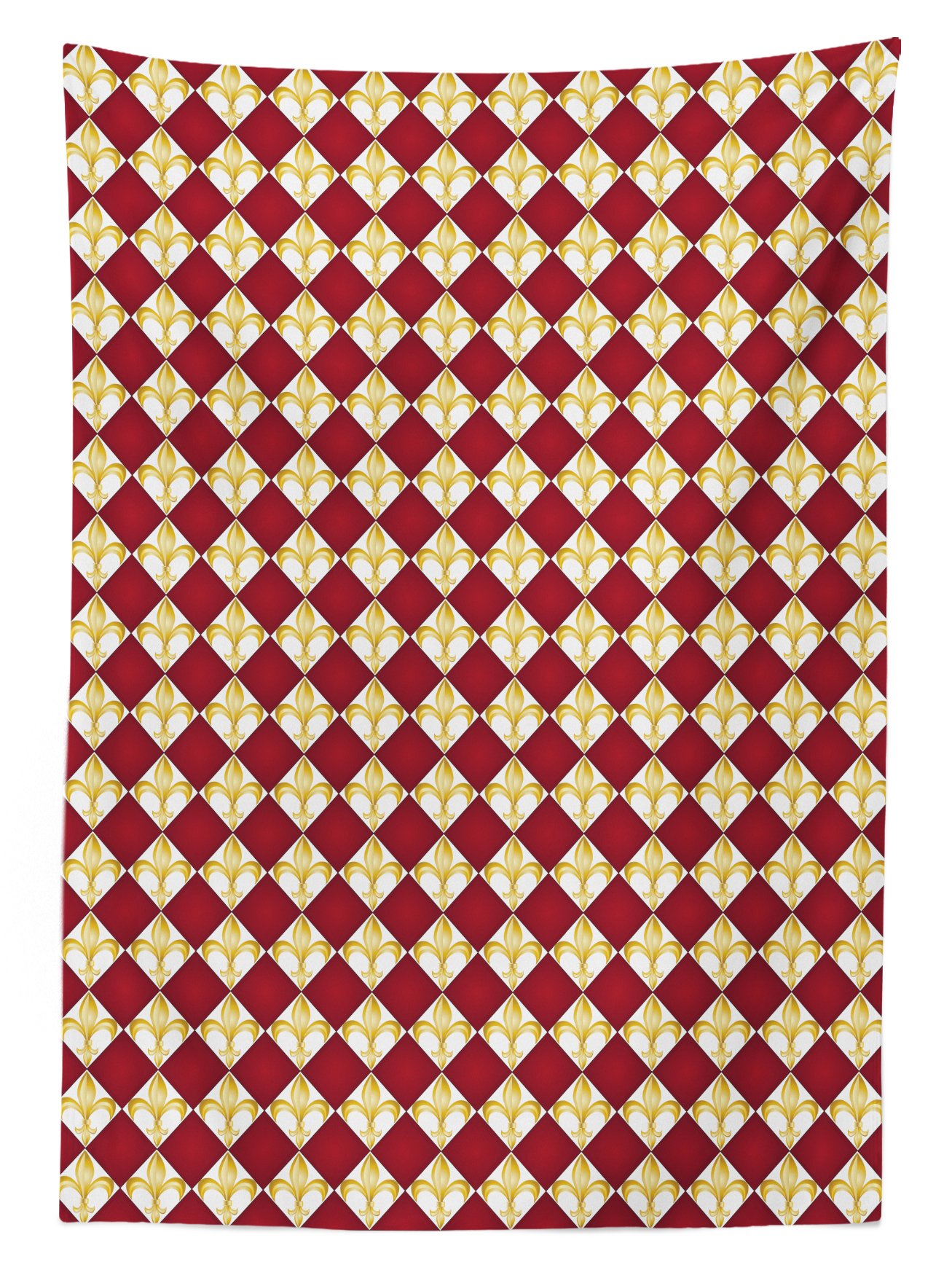 Ambesonne Fleur De Lis Outdoor Tablecloth - Washable Picnic Table Cover with Geometric Rhombus & Royal Lily Pattern, 58x84 Inches, Ruby Yellow White - Perfect for Garden Parties, BBQs, and Outdoor Dining