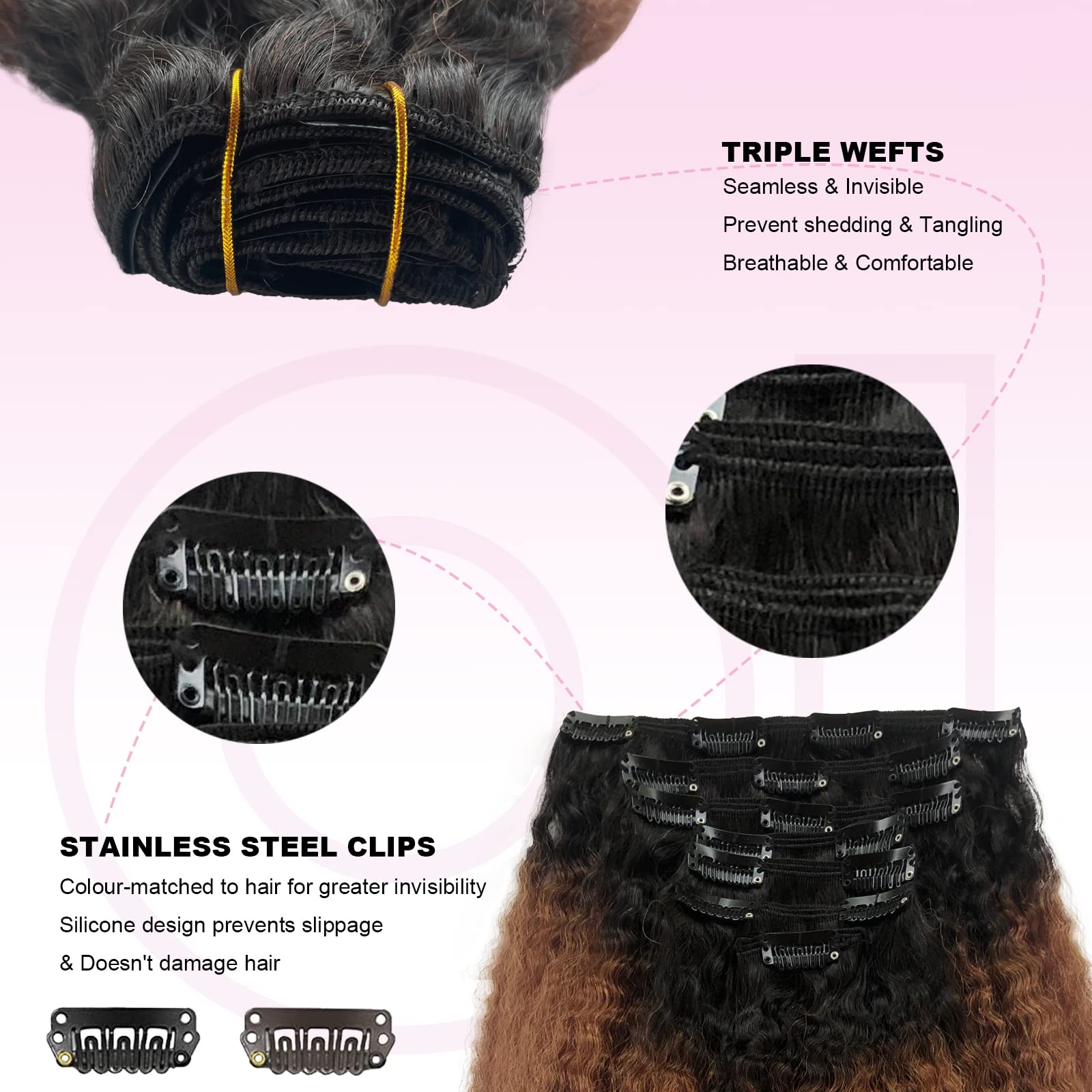 Ombre Black to Medium Auburn Clip-in Hair Extensions for Black Women - 7pcs 14 Inch 120g Remy Human Hair - Perfect for Parties, Weddings & Everyday Styling