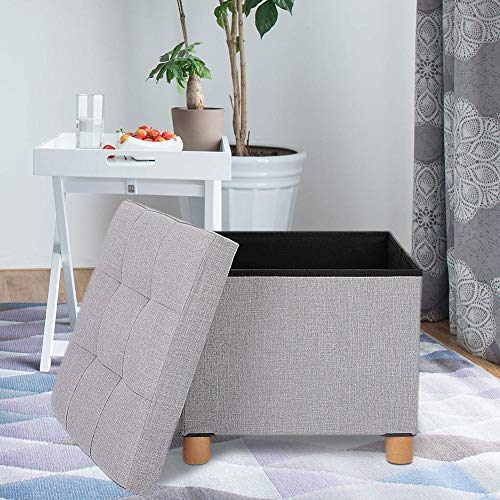 TOPINCN Multi-Functional Storage Footrest Stool - 14.9x14.9x13.8 Inch Light Grey Organizer Cube for Closet, Kids Toys & Living Room - Soft Linen Ottoman Seat with Storage Space, Perfect as Coffee Table Footrest or Bedroom Bench