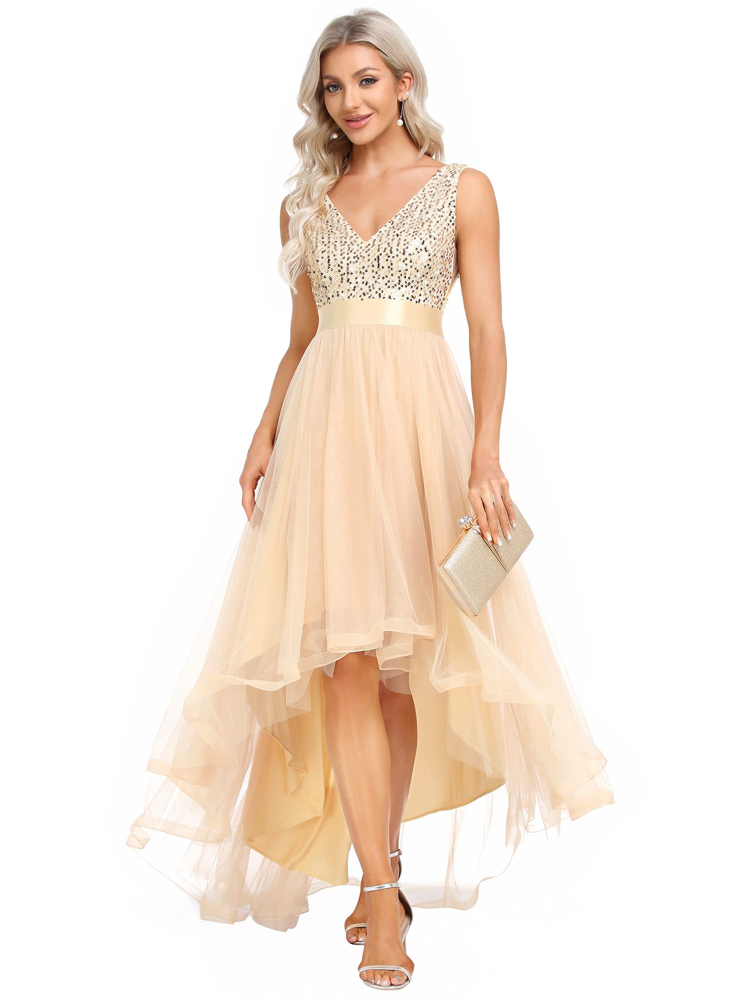 Ever-Pretty Women's Elegant Sequin Cocktail Dress - Double V-Neck Sleeveless Empire Waist High-Low Tulle Formal Gown 0147A | Perfect for Evening Parties, Weddings, Prom & Special Occasions