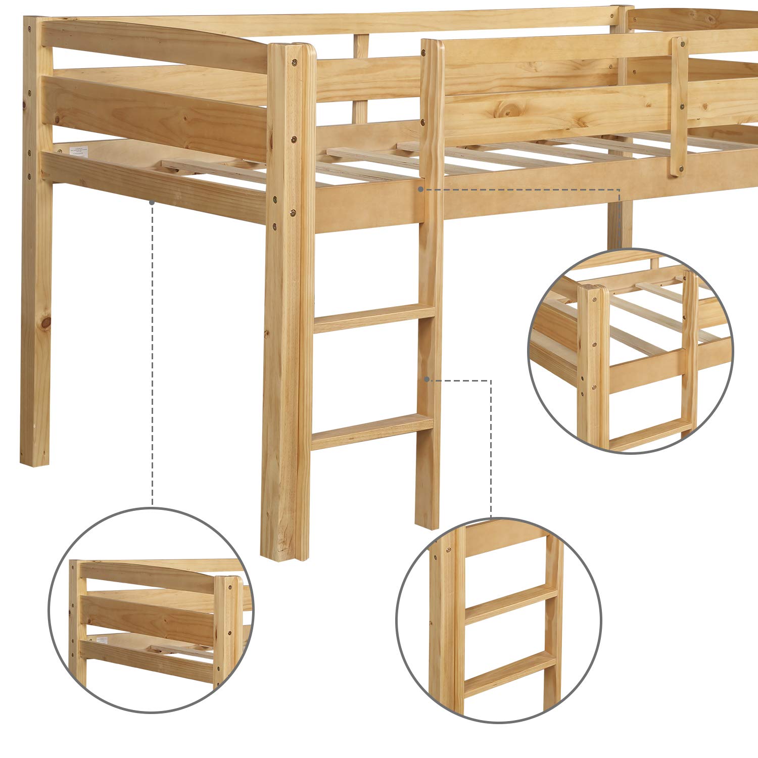 **Low Loft Twin Wood Bed with Ladder & Guardrails for Kids - Sturdy & Safe, No Box Spring Needed (Natural) - Perfect for Small Rooms, Dorms & Play Areas**
