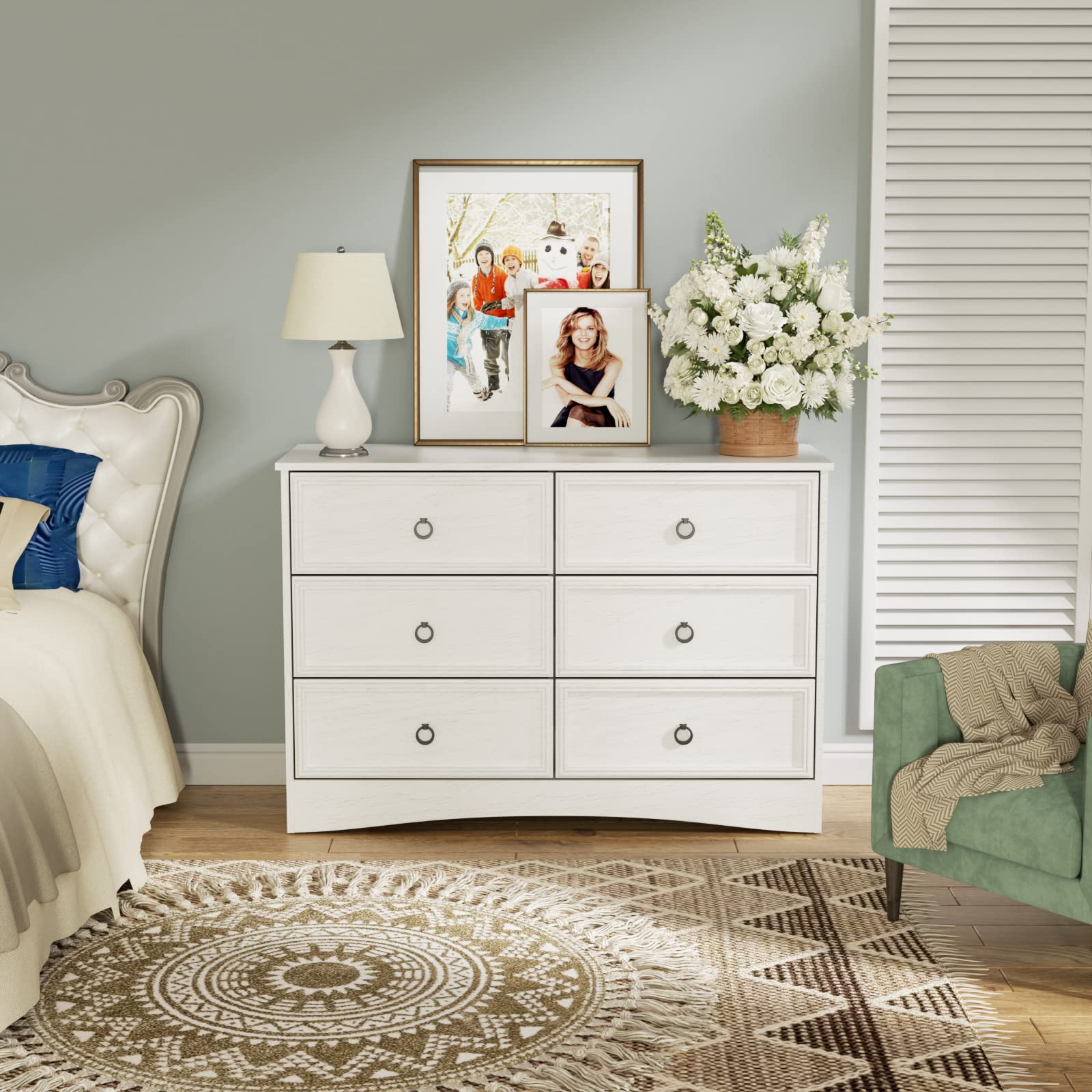 Modern 6-Drawer White Dresser for Bedroom - Wooden Chest of Drawers with Easy-Pull Handles & Textured Borders - Closet Organizer for Clothes Storage - Perfect for Bedroom, Hallway & Home Organization