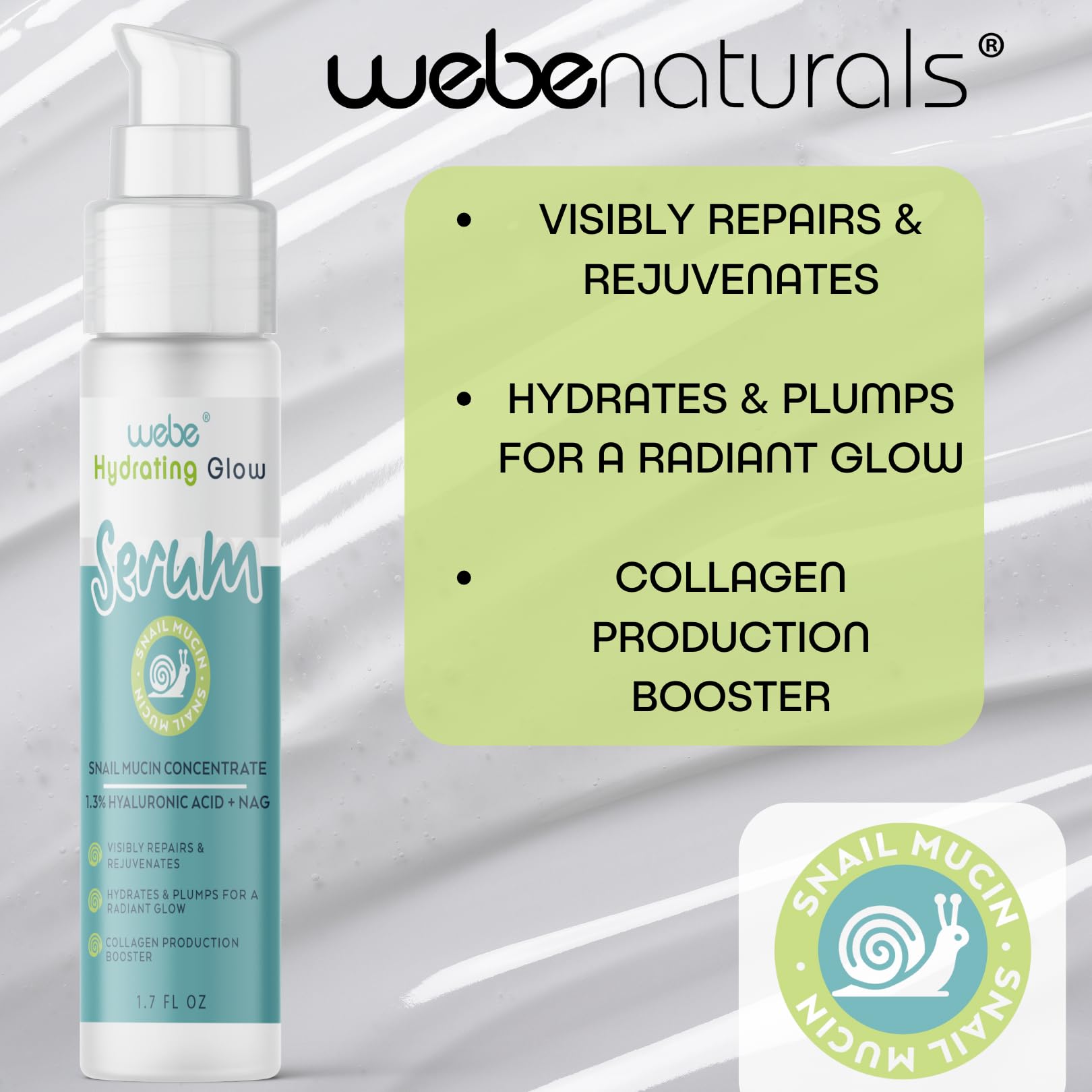 WEBE Hydrating Glow Snail Mucin Serum with Hyaluronic Acid & N-Acetyl Glucosamine | Collagen Boosting Face Serum for Radiant, Plump Skin | Lightweight Moisturizer for Dry, Sensitive Skin | Perfect for Daily Skincare Routine & Nighttime Hydration