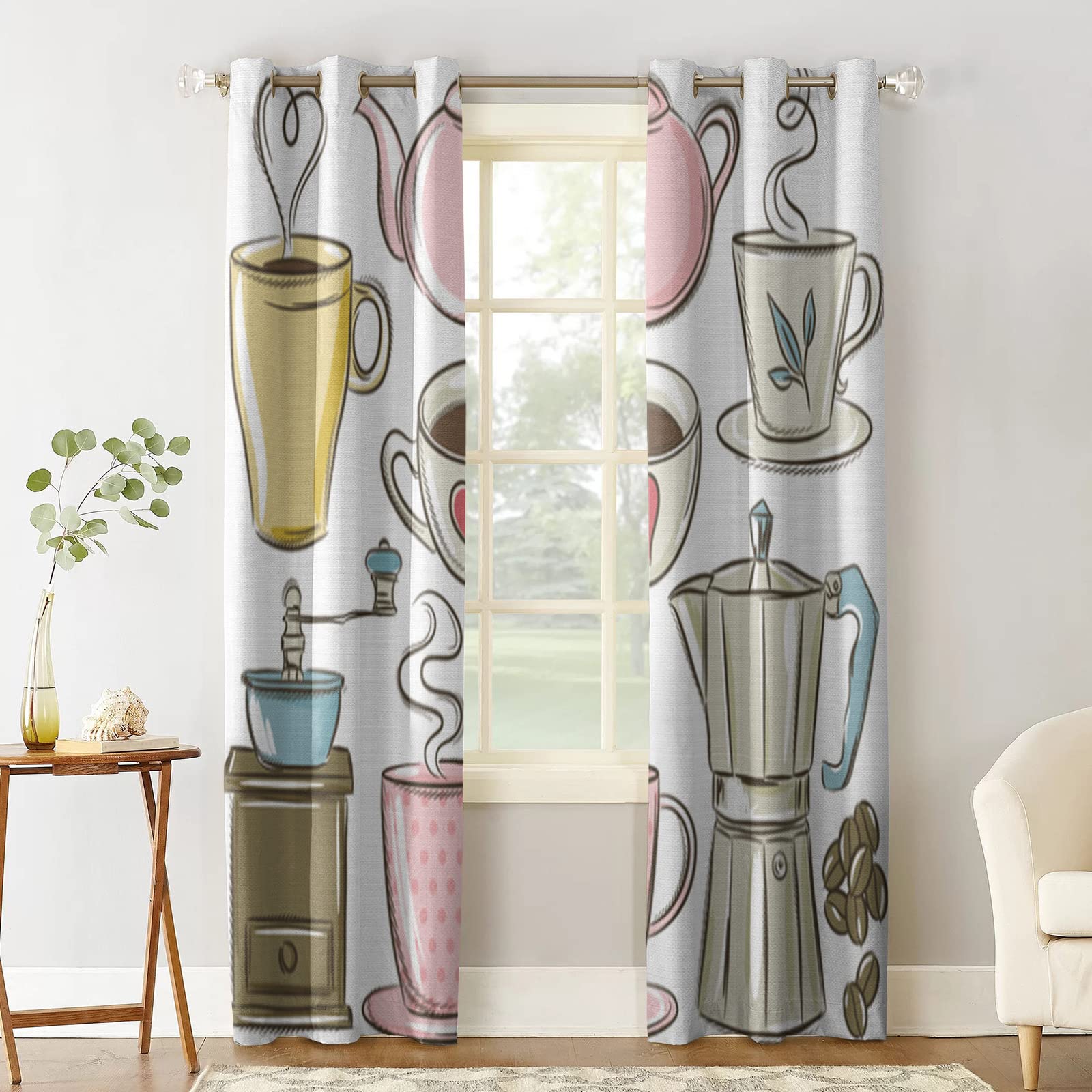 Vintage Hand-Painted Coffee Beans Blackout Curtains - Thermal Insulated 3D Printed Drapes with Colorful Coffee Pot Design, 2 Panel Set (42