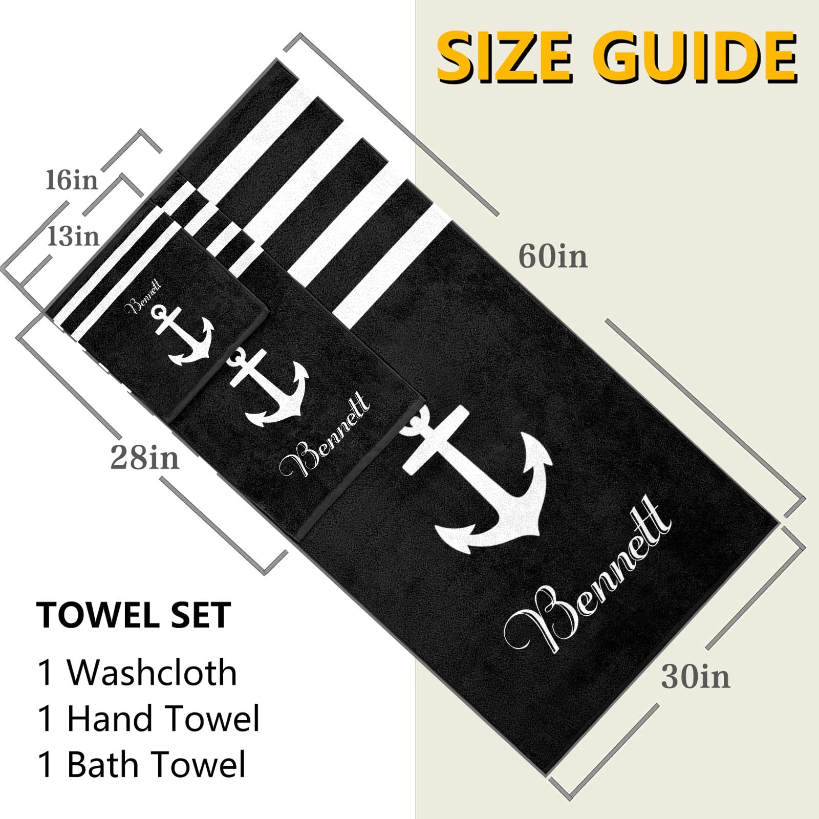 Quick Dry Microfiber Beach Towel Set - Personalized Nautical Anchor Design with Black Stripes for Adults & Kids | Perfect for Pool, Bath, Travel & Wedding Gifts