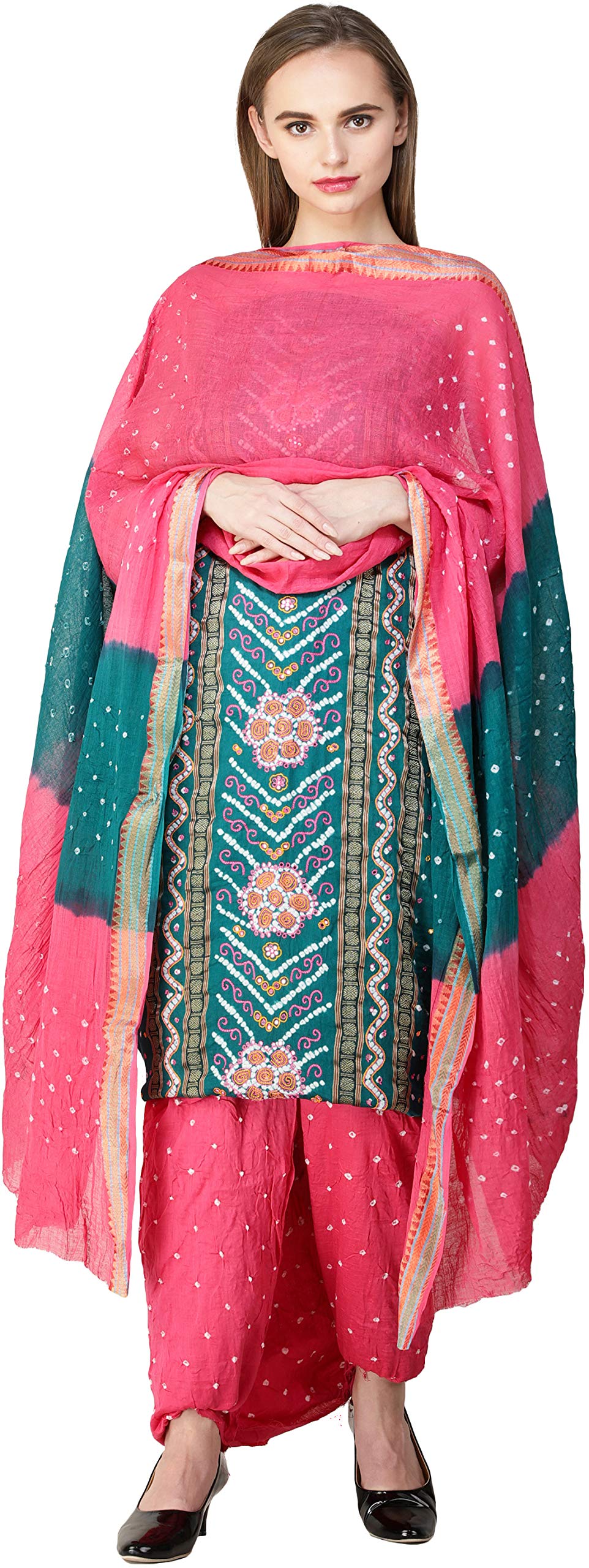 Exotic India Bandhani Tie-Dyed Salwar Kameez Fabric with Floral Embroidery & Mirrors - Elegant Ethnic Wear for Weddings, Festivals & Special Occasions