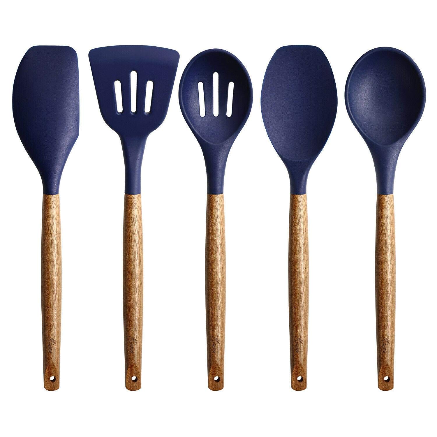 5-Piece Silicone Spatula Set with Wooden Handle - Non-Stick Kitchen Utensils for Baking, Cooking & Mixing - Perfect for Cake Decorating, Pancake Flipping & Food Prep