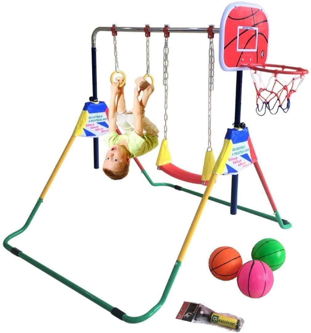 Adjustable 5-in-1 Gymnastics Bar for Kids - Foldable Horizontal Kip Bar with Tumbling Mat, Swing Seat, Trapeze Rings & Basketball Hoop - Home Training Equipment for Junior Gymnasts - Perfect for Indoor Playrooms, Backyard Fun & Preschool Exercise