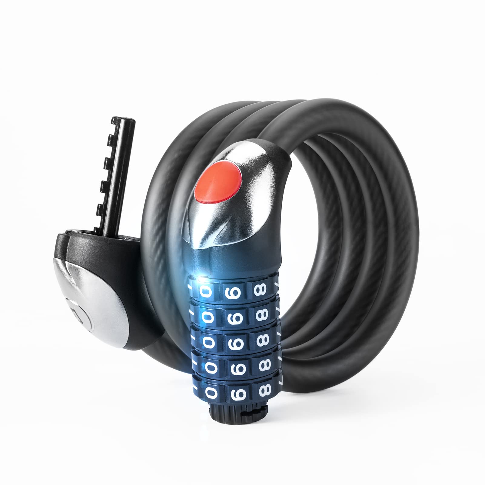 ROCKBROS 4/6 Feet Bicycle Cable Lock with LED Light - High Security 5-Digit Resettable Combination Lock - 1525mm Thickened Steel Cable for Bike, Motorcycle, Scooter - Perfect for Night Riding, Commuting & Outdoor Activities