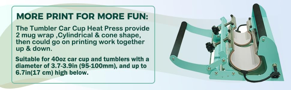 QOMOLANGMA 500W Heat Press Machine for 40oz Tumblers & Car Cups - 110V, 0-482°F (0-250°C) Temperature Control, 0-999 Sec Timer - Perfect for Personalized Gifts, DIY Crafts & Small Business Customization (Turquoise Metal)
