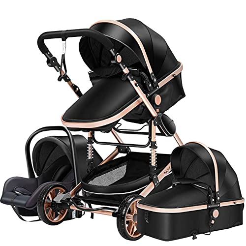 3 in 1 Lightweight Folding Baby Stroller - Aluminum Frame Travel Pram with Adjustable Seat for Newborn to Toddler (Black Gold) | Perfect for Shopping, Travel & Daily Walks