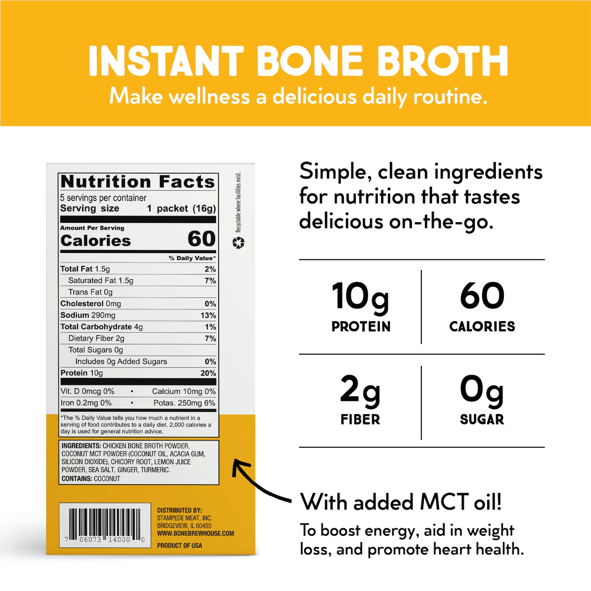 Bone Brewhouse Chicken Bone Broth Protein Powder - Lemon Ginger Flavor - Keto Paleo Friendly Instant Soup - 10g Protein per Serving - Natural Collagen Supplement - Gluten Free Dairy Free - 5 Servings - Perfect for Post-Workout Recovery & Keto Diet Meals