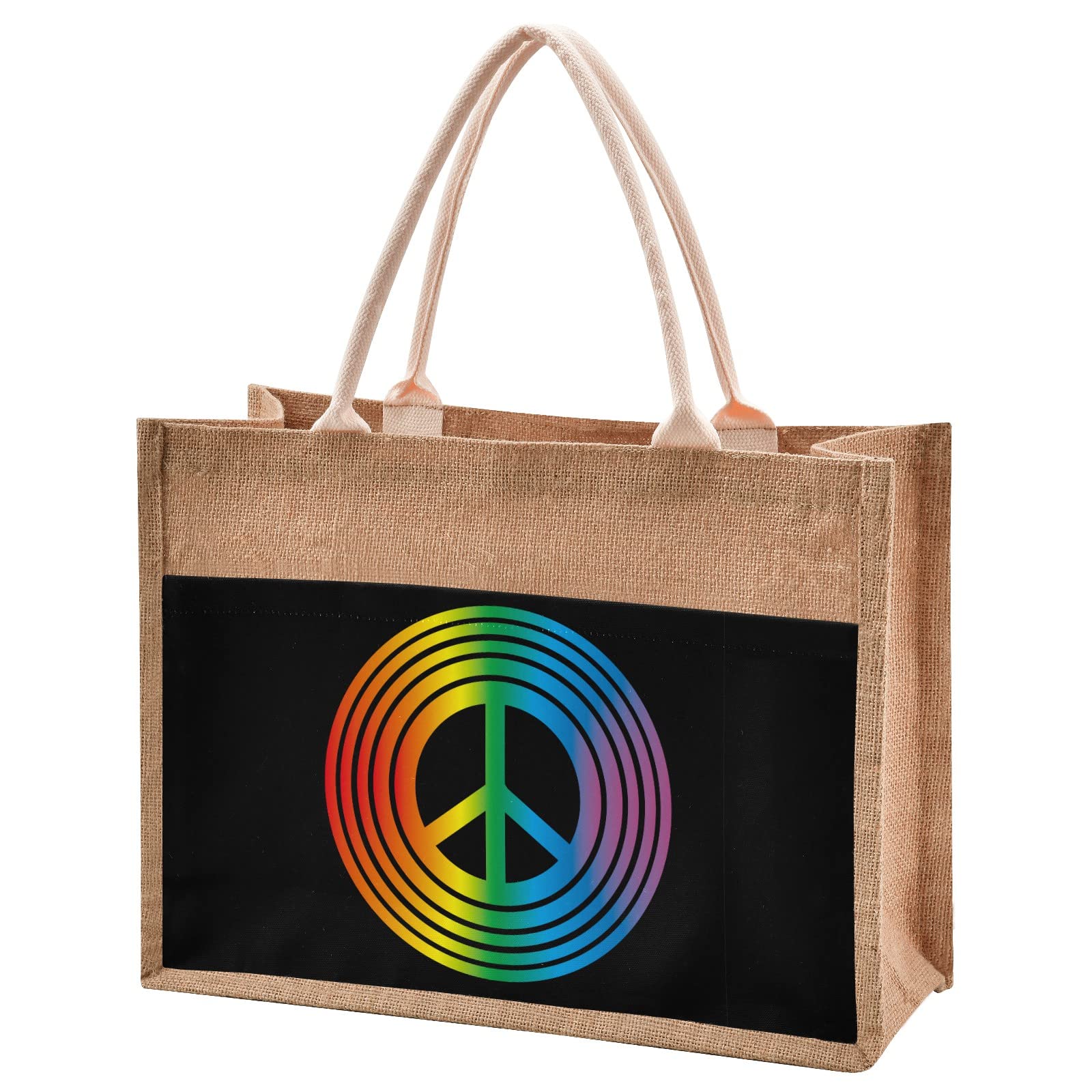 Eco-Friendly Rainbow Peace Symbol Jute Tote Bag - Reusable Natural Burlap Straw Bag for Beach, Shopping, Groceries & Wedding Gifts | Perfect for Farmers Markets, Picnics & Sustainable Lifestyle