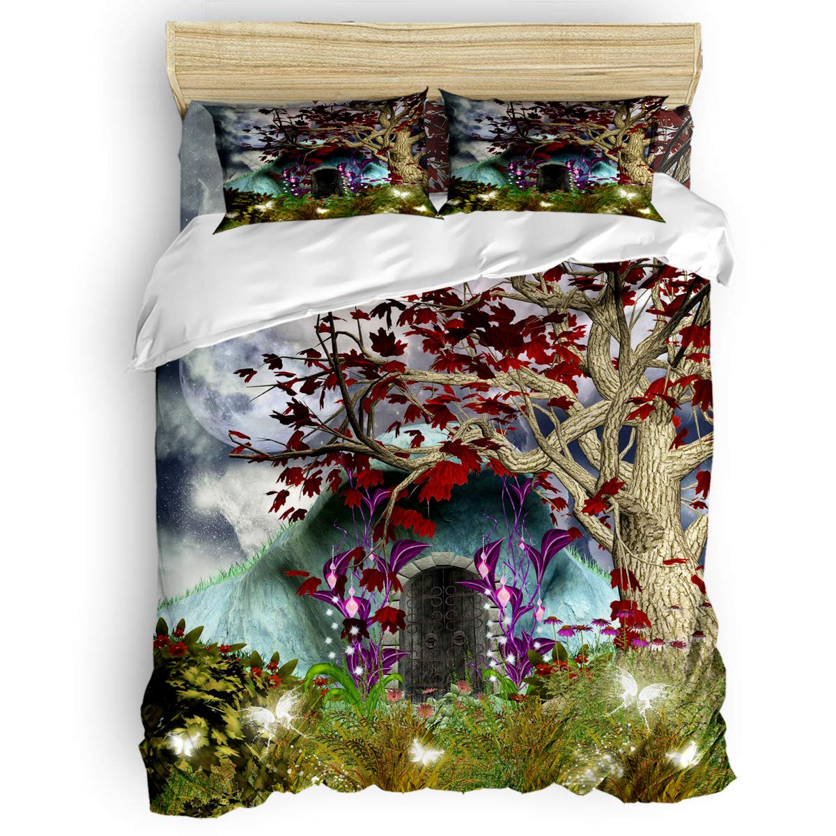 Artistic Printing Full Size Duvet Cover Set 4Pcs - Tree House Fairyland Design | Includes Comforter Cover, 2 Pillowcases & Flat Sheet | Soft Bedding for Bedroom, Kids Room & Hotel Decor | Perfect for Cozy Nights, Guest Rooms & Themed Decorations