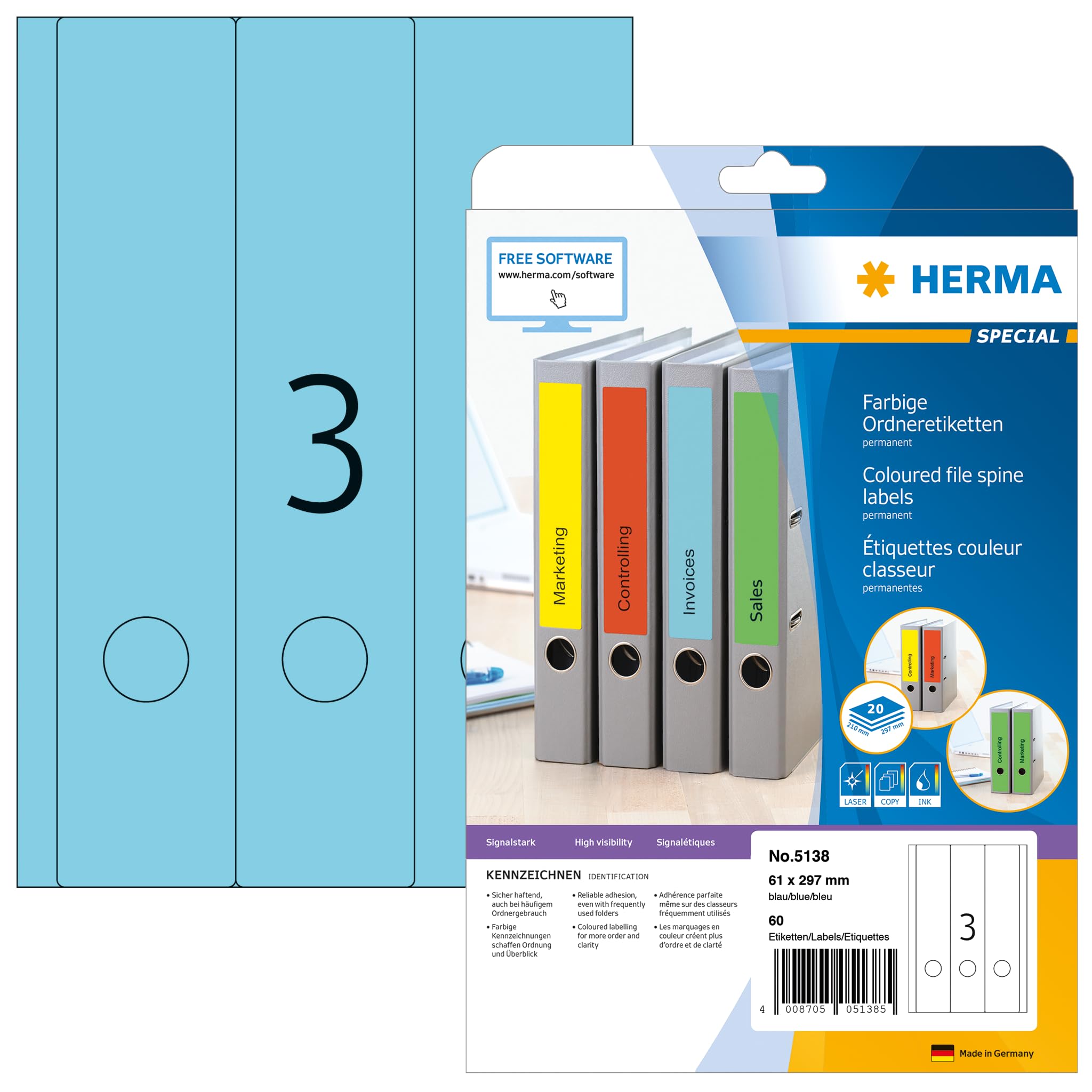 HERMA 5138 Self Adhesive Spine Labels - 60 Blank Lever Arch File Stickers (3 Labels per A4 Sheet, 20 Sheets, 61x297mm) - Compatible with Laser & Inkjet Printers - Perfect for Office Filing, Document Organization & School Projects - Blue