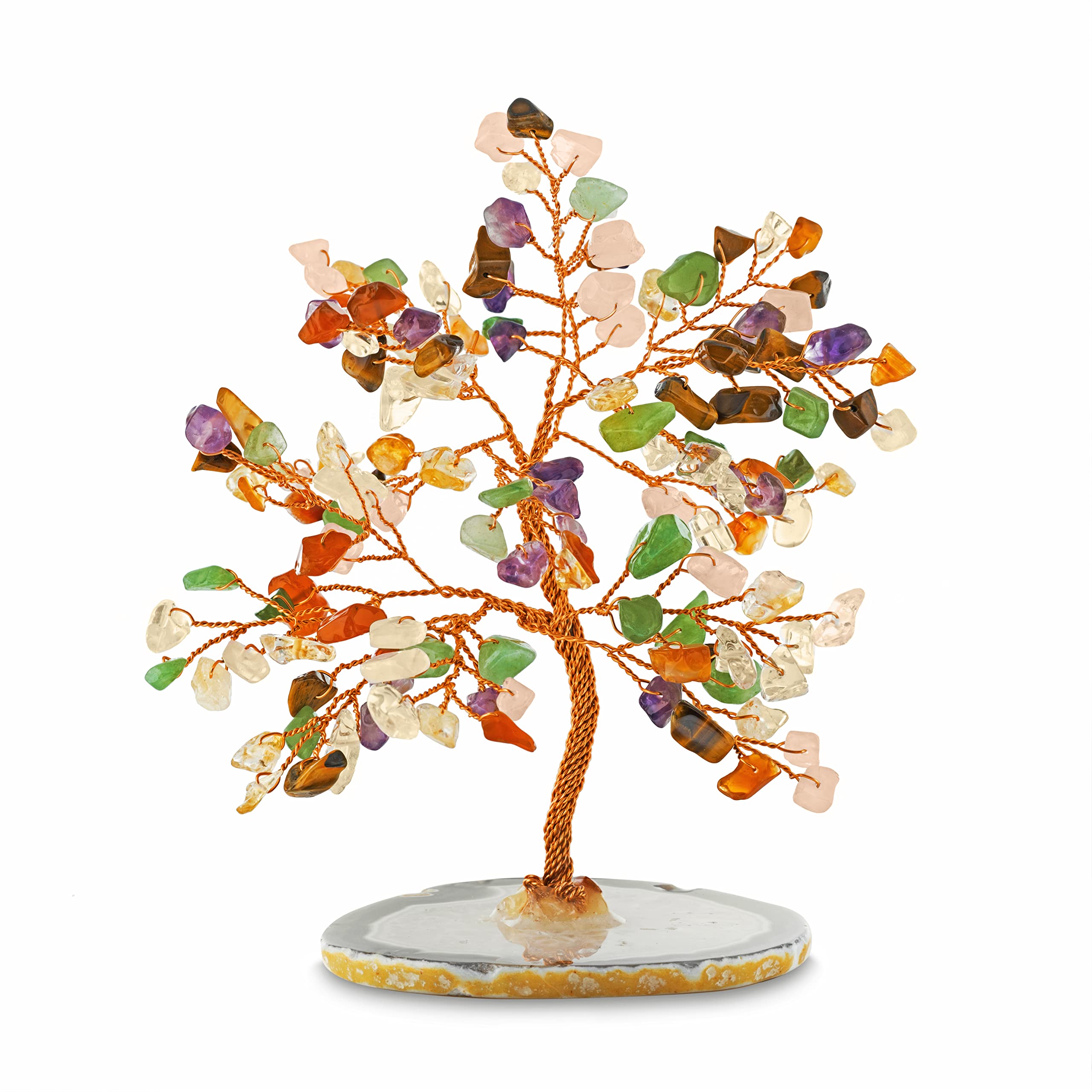 Karma and Luck Feng Shui Tree of Life Home Decor with Real Gemstones - Handcrafted Copper Wire Wrapped Agate Base - Spiritual Gift from Bali (6 Inch) - Perfect for Meditation Room, Office Desk & Positive Energy Space