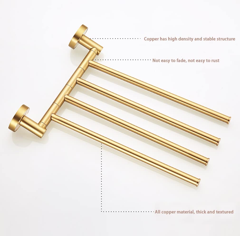 Stainless Steel Wall Mount Bath Towel Rack - 180° Silent Rotation, Punch-Free Installation, Gold Finish (3 Rods, 28cm) - Perfect for Bathroom, Kitchen, Laundry Room & Spa Decor