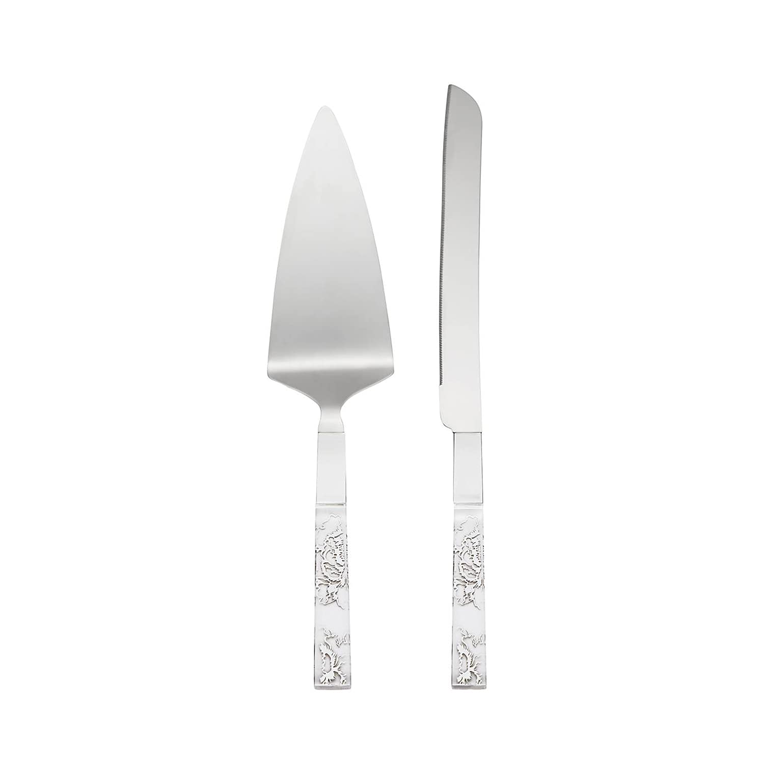 Lenox Bridal Silver Peony Personalized Wedding Cake Cutting Set - Custom Engraved Cake Knife & Server Set for Bride & Groom - Perfect Wedding Gift & Accessory for Anniversary, Bridal Shower & Reception Ceremony