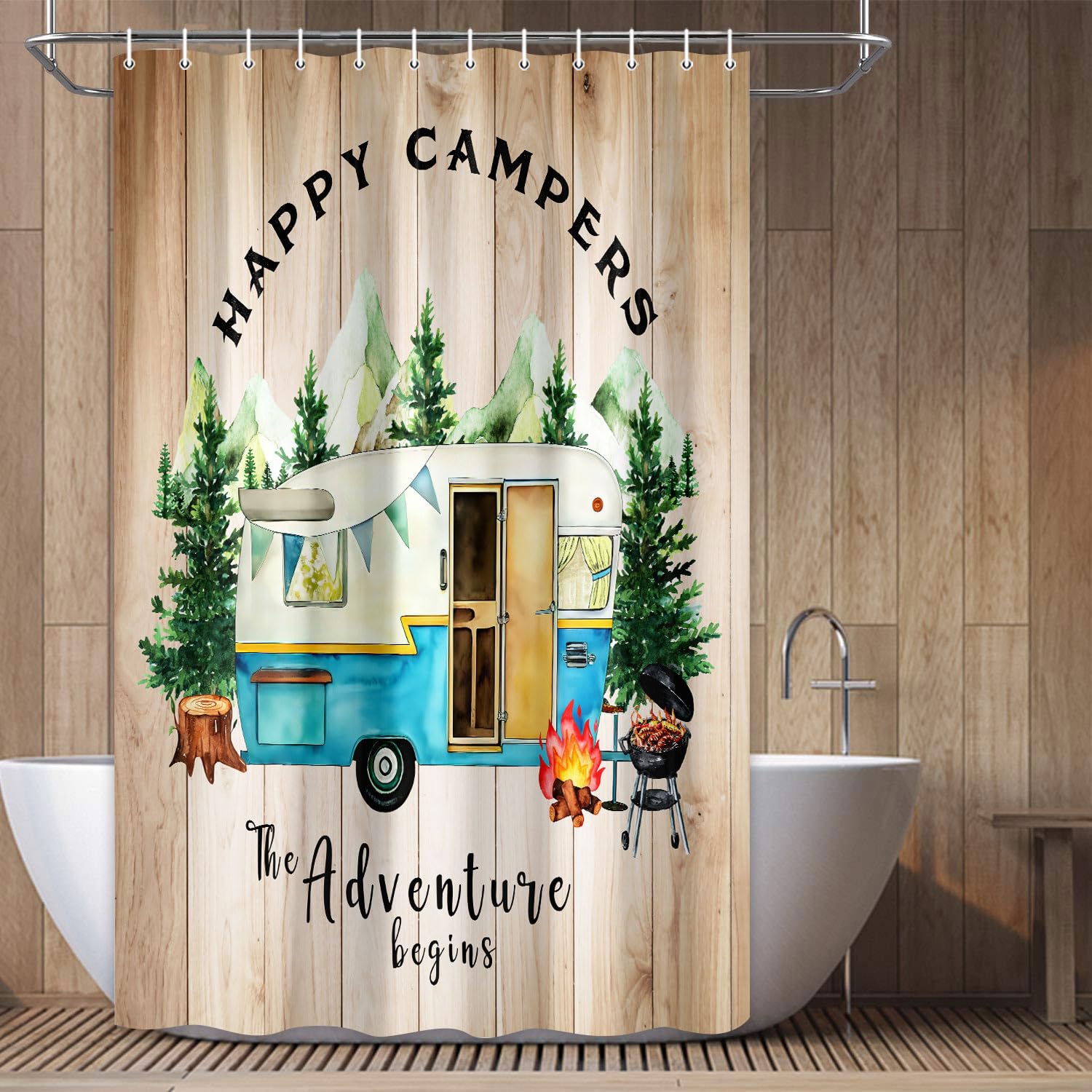 Rustic Farmhouse Shower Curtain for Campers & RVs - 47x64 Inch Tree Mountain Adventure Design - Waterproof Fabric Bathroom Curtain with Hooks - Perfect for Small Bathrooms, Travel Trailers & Outdoor Camping Trips