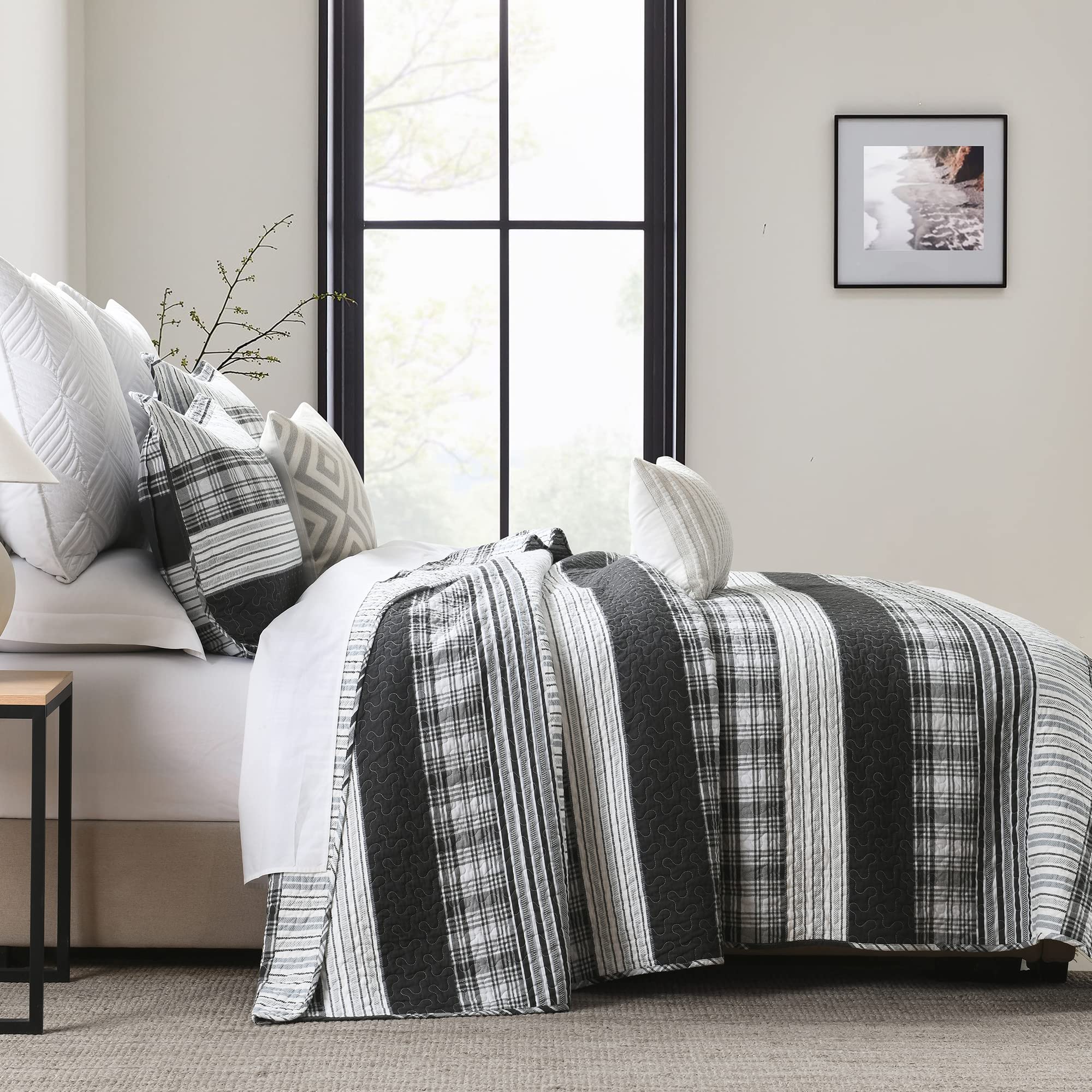Homzard King Size Quilt - Black & White Striped Cotton Comforter Set | Grey Farmhouse Bedding | Lightweight All-Season Duvet Cover for Master Bedroom, Guest Room & Cozy Home Decor