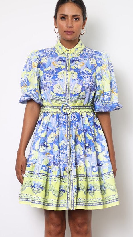 Kalliope Mini Dress for Women - Blue & Yellow Floral Summer Dress - Perfect for Beach, Party & Casual Wear