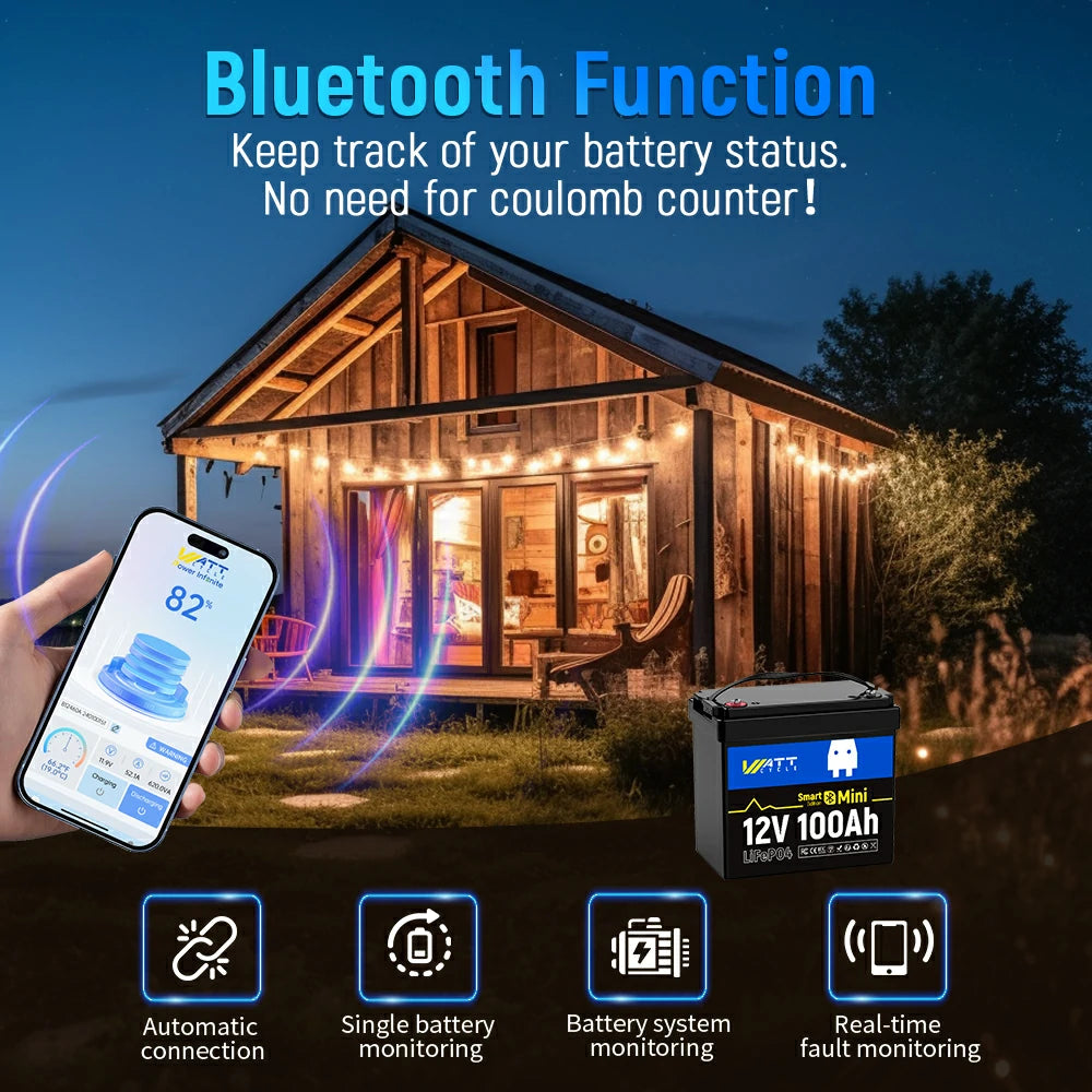 24V 100Ah Mini Bluetooth LiFePO4 Battery Set - Lightweight & Portable Lithium Iron Phosphate Battery for Solar Power, RV, Marine & Off-Grid Applications