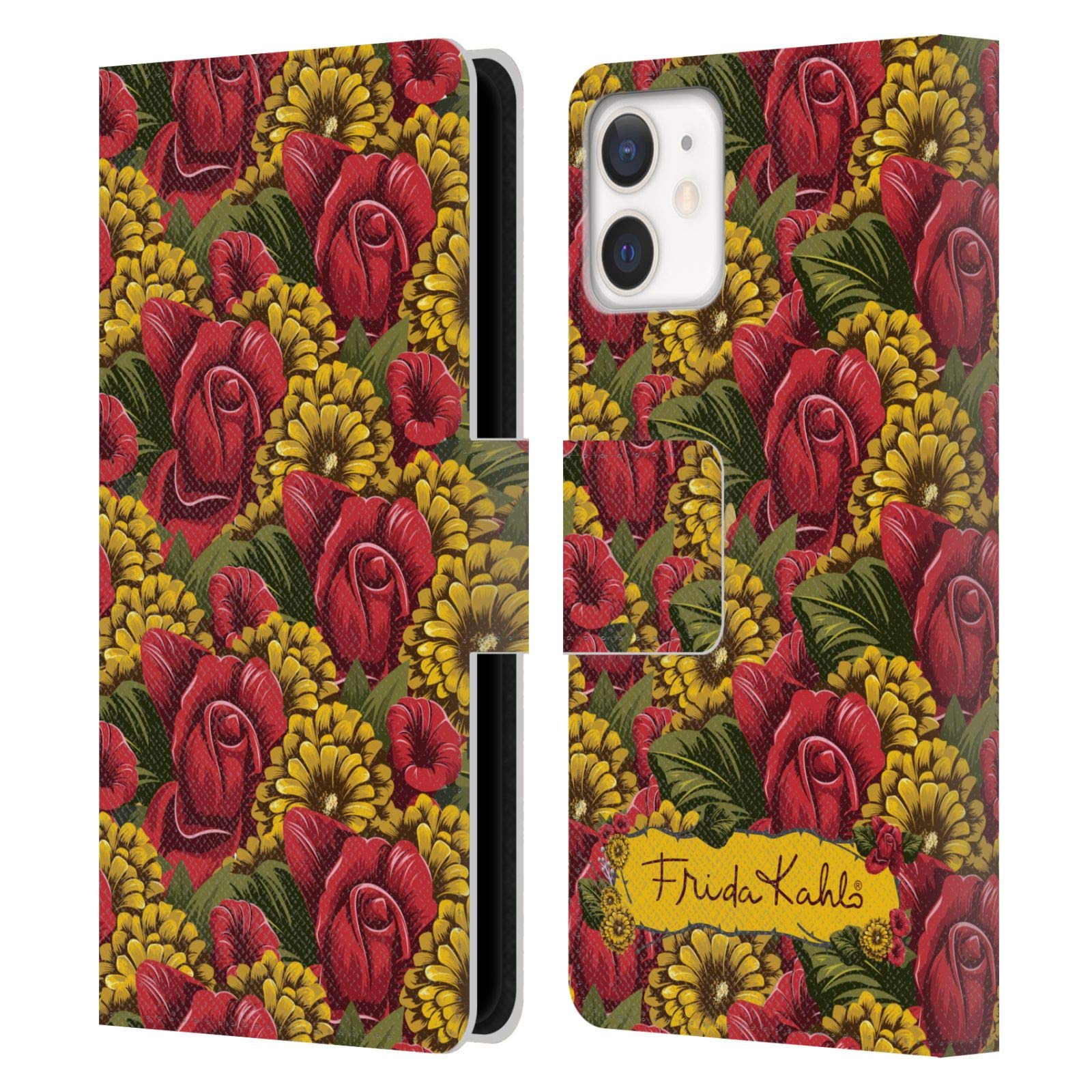 Frida Kahlo Red Florals Leather Book Wallet Case Cover for iPhone 12 Mini | Officially Licensed Head Case Designs | Perfect for Daily Use, Travel, and Gift Giving