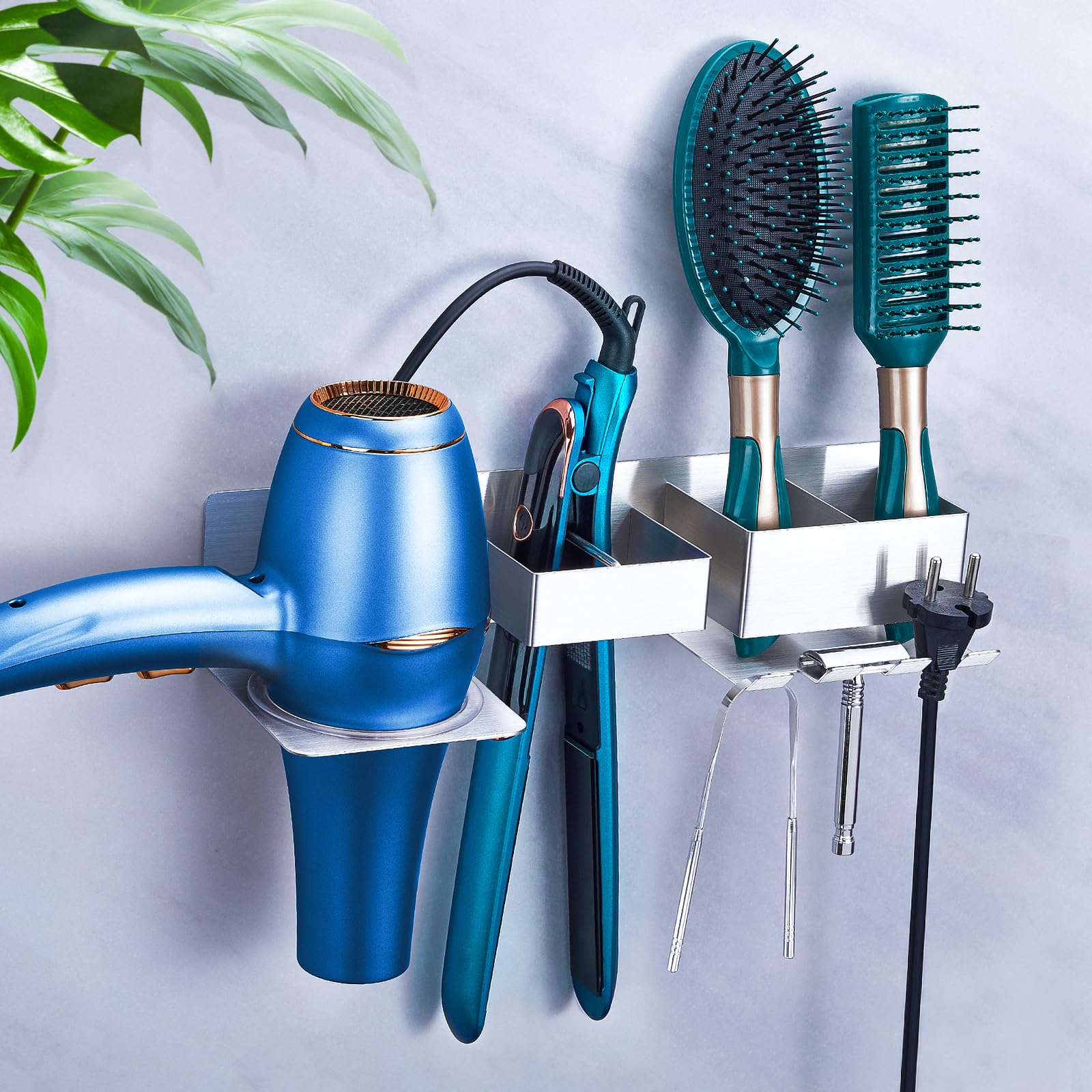 Wall Mounted Hair Straightener & Blow Dryer Holder - Stainless Steel Hair Tools Organizer with Plug Hook for Bathroom & Salon | Perfect for Hair Styling, Drying & Storage Organization
