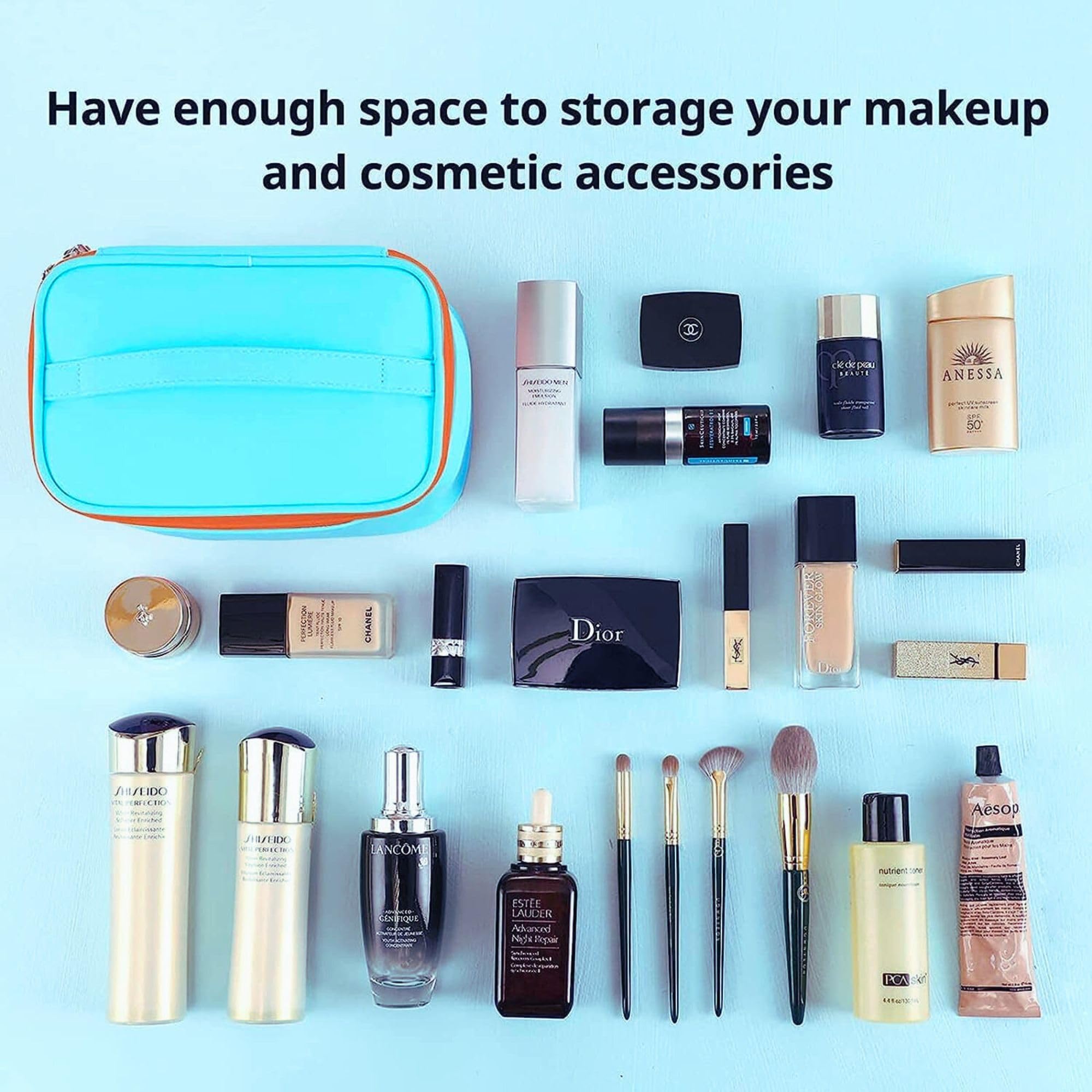 Gowloz Sky Blue Travel Makeup Bag | Waterproof PU Cosmetic Organizer with Reinforced Handle & Smooth Zipper | Portable Toiletry Case for Women & Girls | Perfect for Air Travel, Gym, Beach Trips & Daily Use (1-Piece Set)