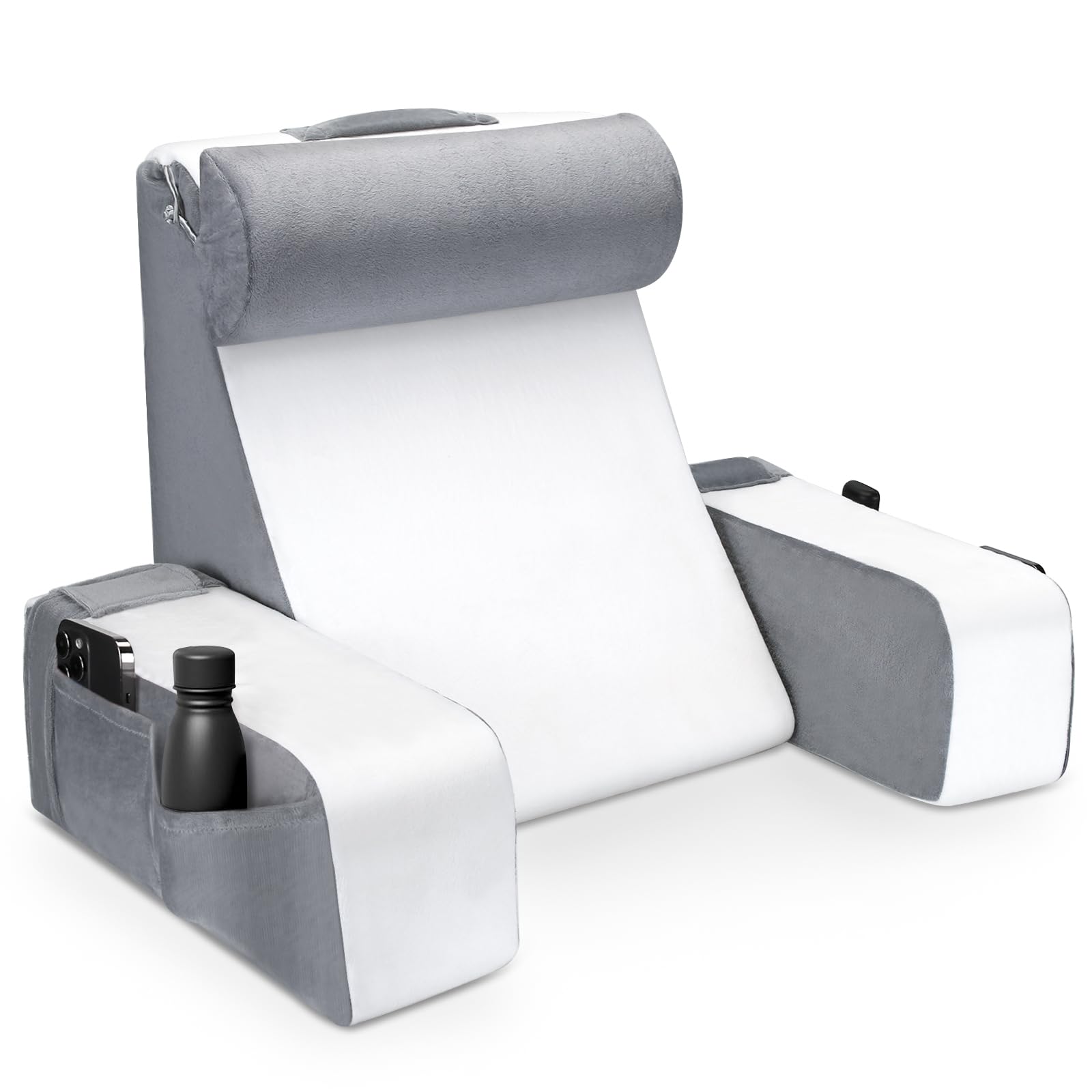 **Comfortable Reading Pillow for Adults - 19in Grey & White Back Support Pillow with Arms and Headrest for Sitting in Bed, Watching TV, or Relaxing - Solid Foam Chair for Ultimate Comfort**