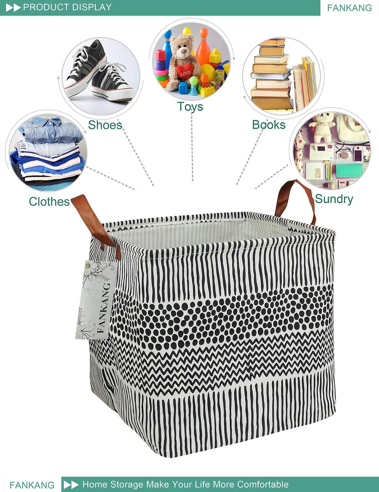 FANKANG Foldable Canvas Storage Bin - Waterproof Nursery Hamper for Kids, Bedroom & Office (Square-Black) - Perfect for Laundry & Organizing
